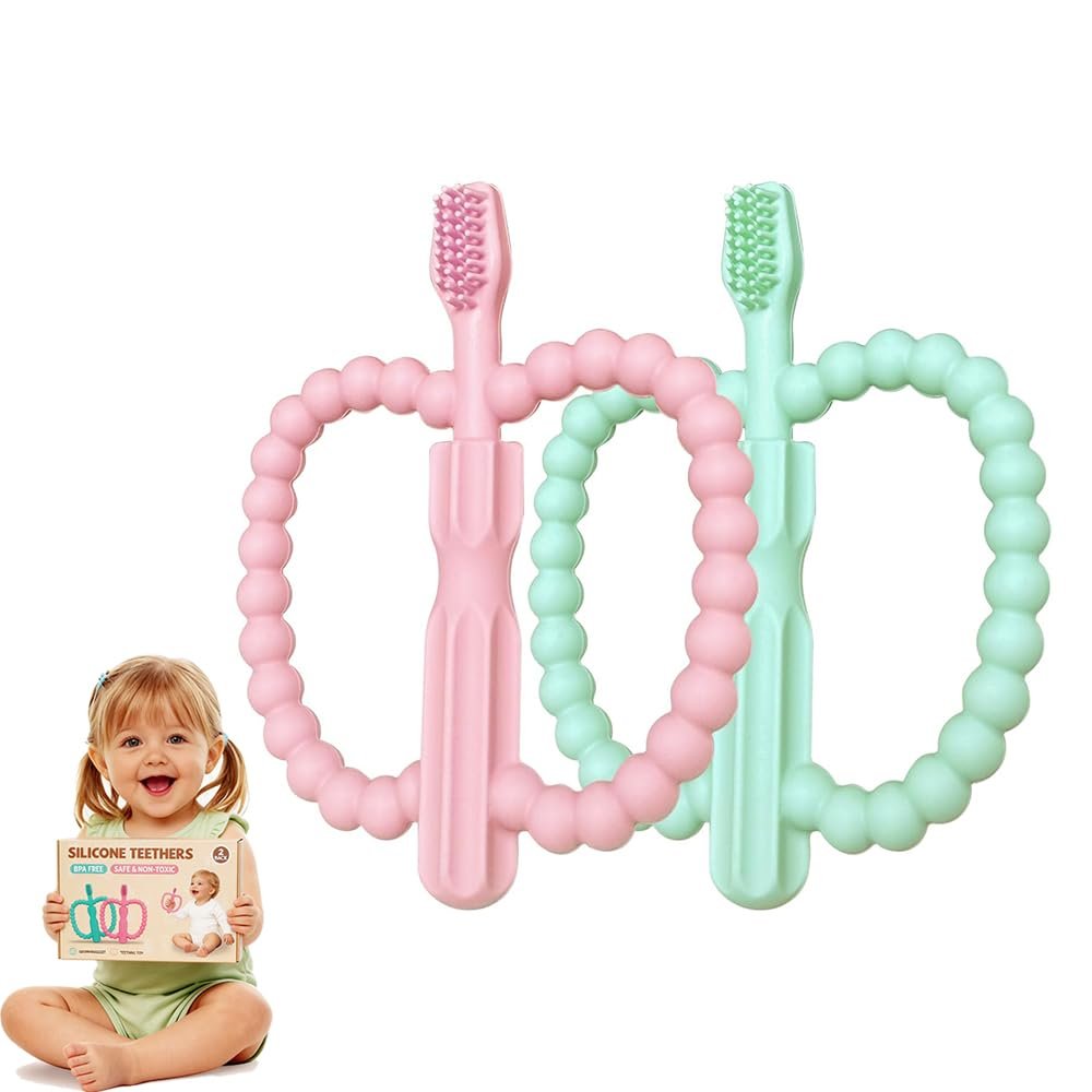 2 Pack Baby Teething Toys-BPA Free,Anti-Choking Design,Soothe Gums for 0-6 3-12 18-36 Months,Silicone Infant Toothbrush for Gum Massage,Newborn Infants Toddler Sensory Chew Toys