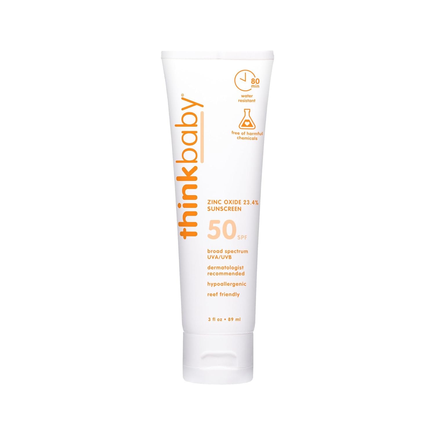Thinkbaby SPF 50+ Baby Sunscreen, 3 Oz. – Safe, Natural Mineral Sun Cream for Babies – Water Resistant, Broad Spectrum UVA/UVB Sun Protection – Vegan Sunscreen for Kids