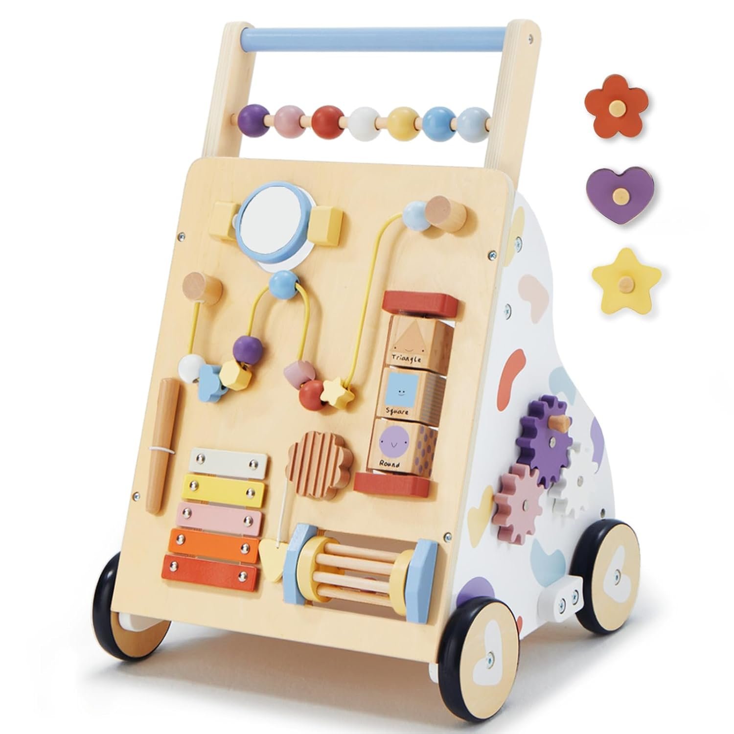 Frogprin Wooden Baby Walker, Baby Push Walker, Montessori Walker Toy for Babies 12M+ Learning to Walk & Sit-to-Stand, Adjustable Speed Walkers for Boys, Baby Activity Center with Sensory Toy for Girls