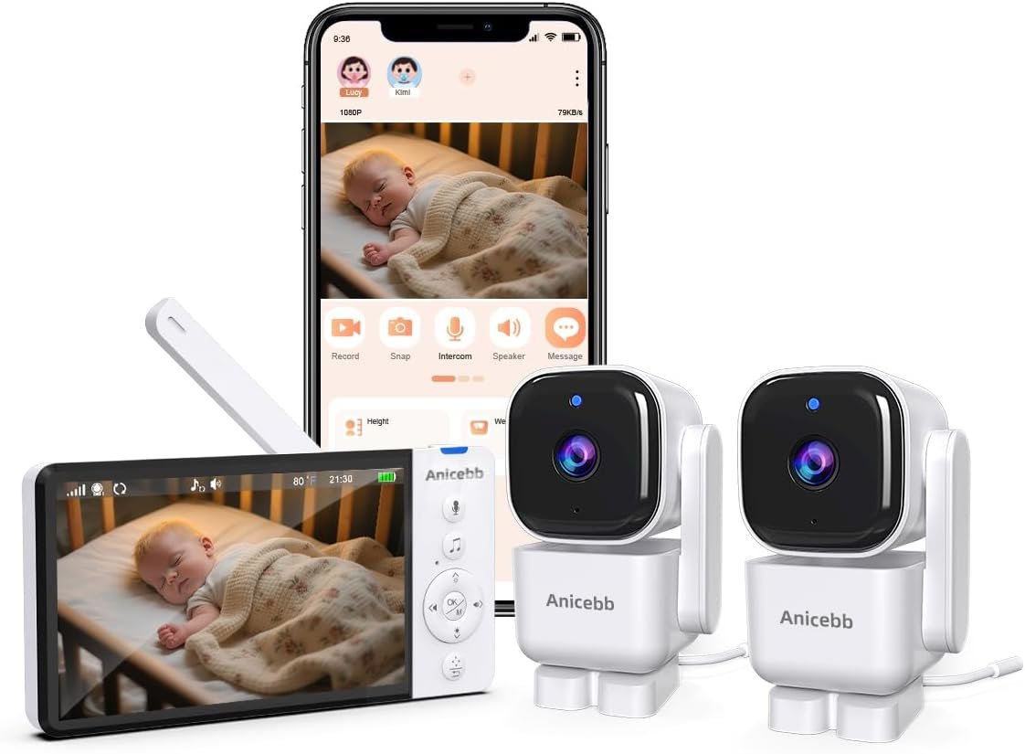 2-Camera Smart Baby Monitor with App and 5″ Display, Dual Connectivity (No WiFi FHSS & WiFi), 1080P HD Remote Pan-Tilt-Zoom with Motion Tracking, 36H Battery, White Noise, Cry & Temp Alerts