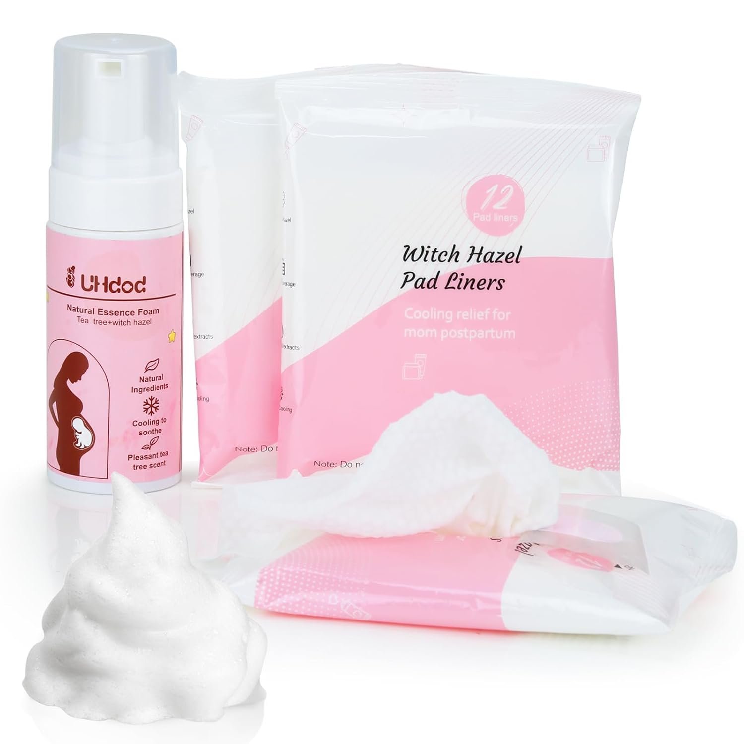 UHdod Witch Hazel Perineal Soothing Foam & Perineal Cooling Pad Liners for Postpartum Care – Postpartum Essentials Recovery Kit Includes 5 Fl Oz Witch Hazel Foam, 36 Perineal Cooling Pad Liners