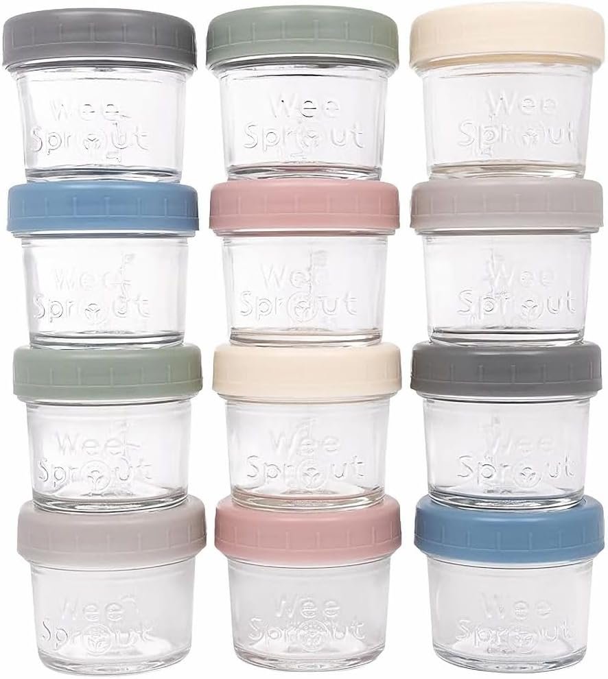 WeeSprout Glass Baby Food Storage Jars w/Lids (4 oz, 12 Pack Set) Snack, Puree, Reusable Small Containers, Breast Milk, Fridge or Freezer, Microwave & Dishwasher Safe, Essential Must Have for Infants