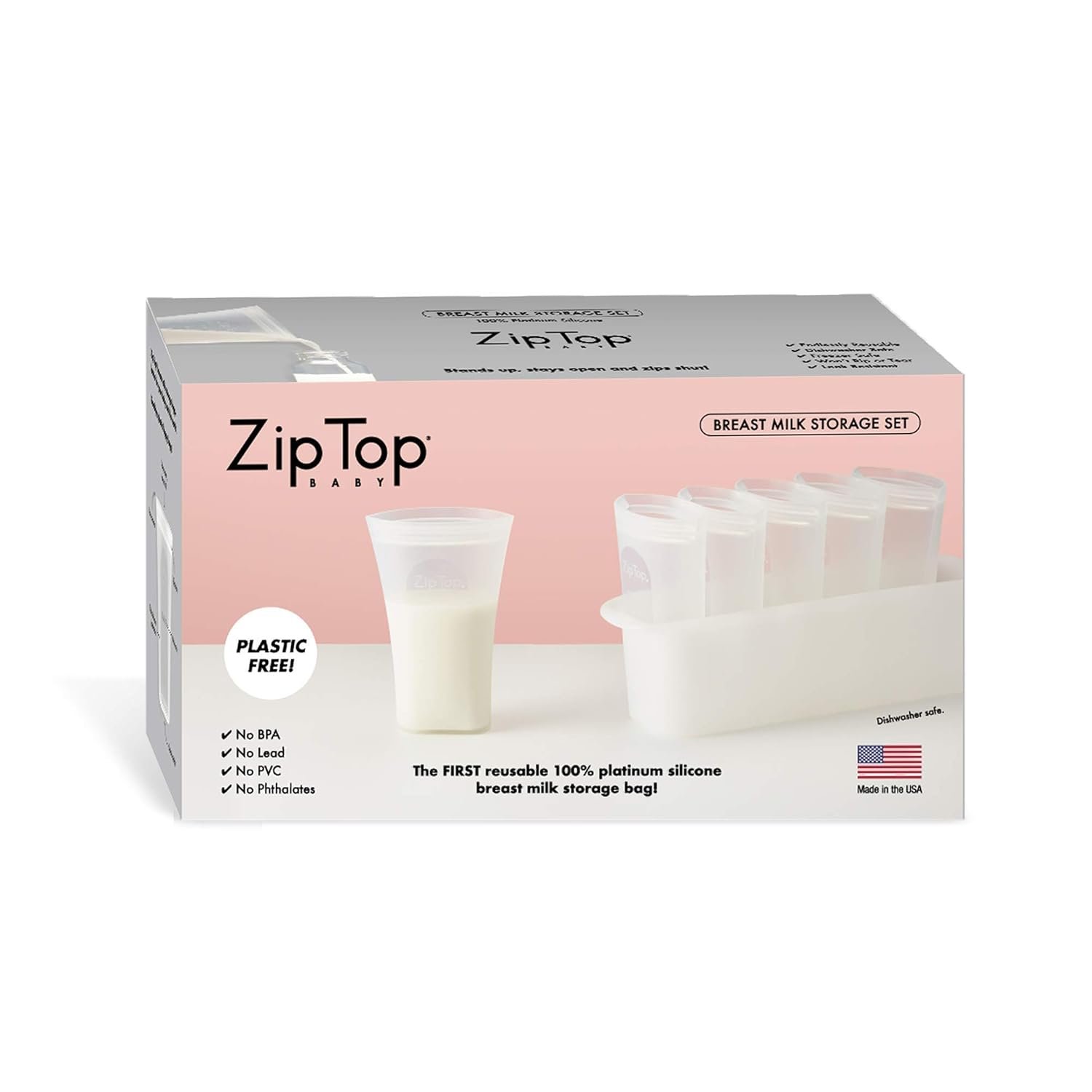 Zip Top Reusable 100% Platinum Silicone Breast Milk Storage, Made in the USA – Bag Set of 6 + Freezer Tray