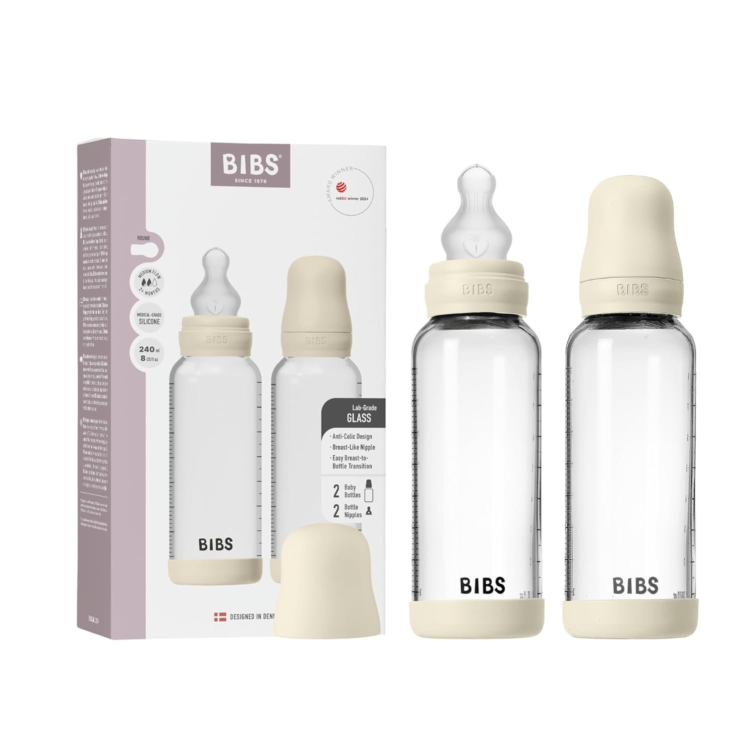 BIBS Glass Baby Bottles 2-Pack, 8.1 Oz. Anti-Colic System for Gas Reduction. Vented Round Silicone Nipple. Supports Infant and Newborn Breastfeeding – 240 ml (Pack of 2), Ivory