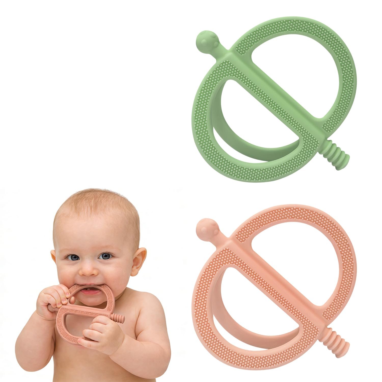 2 Pack Get-A-Grip Baby Teether Toy, No-Drop Sensory Teether with Easy Grasp for Babies 6-12 Months, Silicone Food-Grade Teething Mittens for Infant Chew Toys & Teething Relief(Green&Khaki)