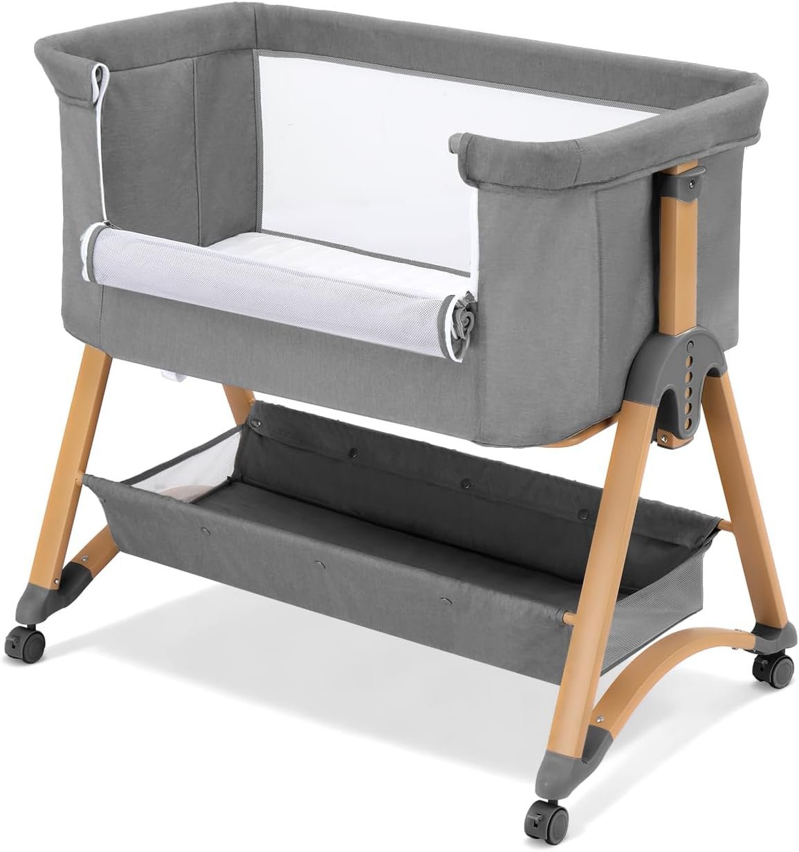 Baby Bassinet Bedside Bassinet with Large Storage Basket, Cozy Mattress, Rocking Mode, Adjustable Heights, Portable Bedside Crib for Newborn(Dark Grey)