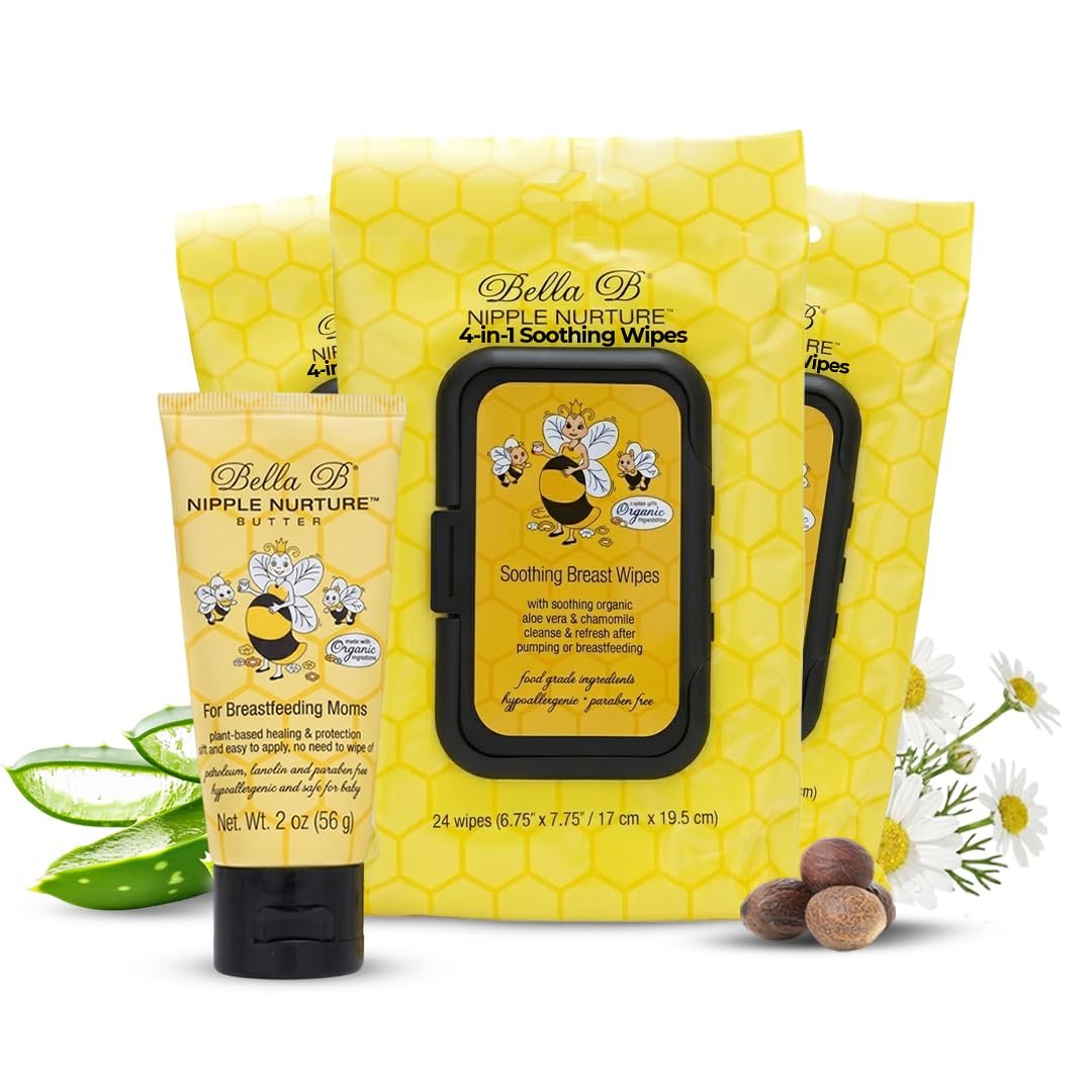 BELLA B Bundle Pregnancy Gift for Mom | 4-in-1 Soothing Wipes for Cleaning Pump Parts, Pacifiers & Baby Care | Nipple Nurture Butter to Help Prevent and Soothe Sore or Cracked Nipples | 3 Pack + 2oz