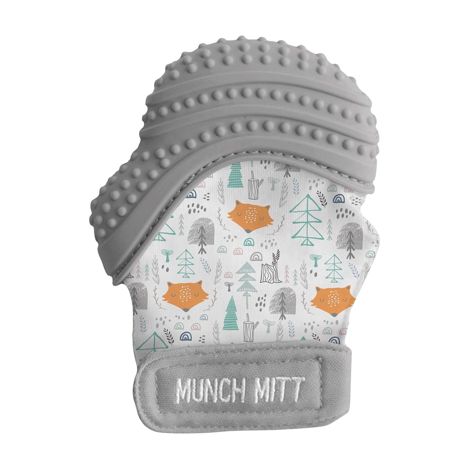 Malarkey Kids Patented Teething Mitten, Munch Mitt Baby Chew Toy – Protects Hands from Chewing & Saliva, Heals Aching Gums, Promotes Sound & Visual Stimulation for Babies – Grey Fox