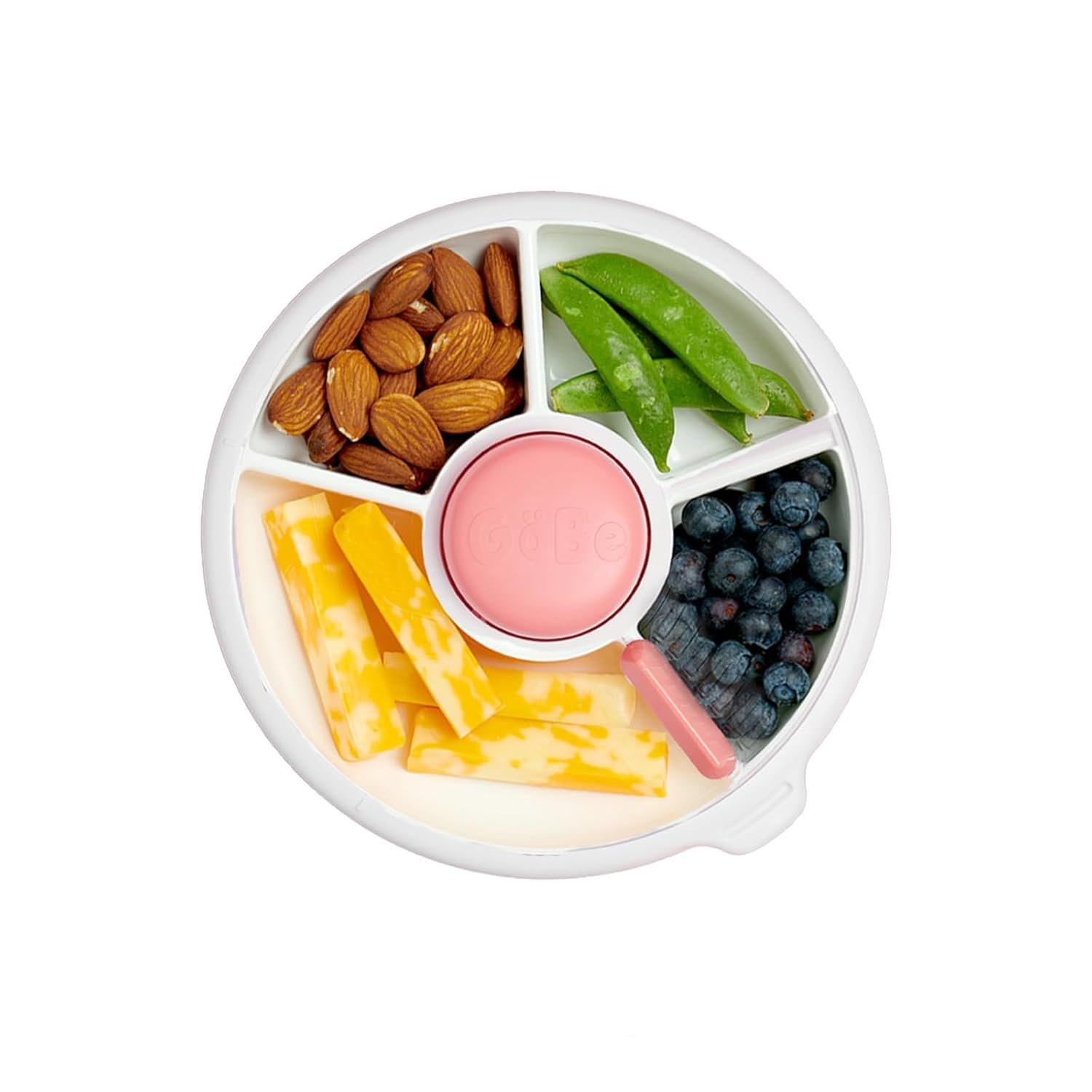GoBe Kids Small Snack Spinner Slide Bundle with Hand Strap and Sticker Sheet – Reusable Snack Container with 5 Compartment Dispenser and Lid | BPA/PVC Free | Dishwasher Safe | No Spill – Coral Pink