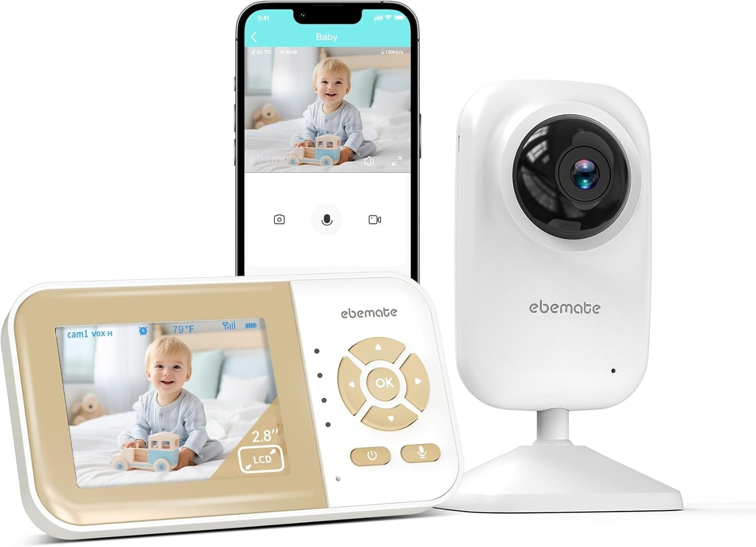 ebemate Video Baby Monitor Camera,2-Way Talk Audio Cam Monitor with Lullabies Baby Monitoring with 2.8″ LCD Screen-EB29