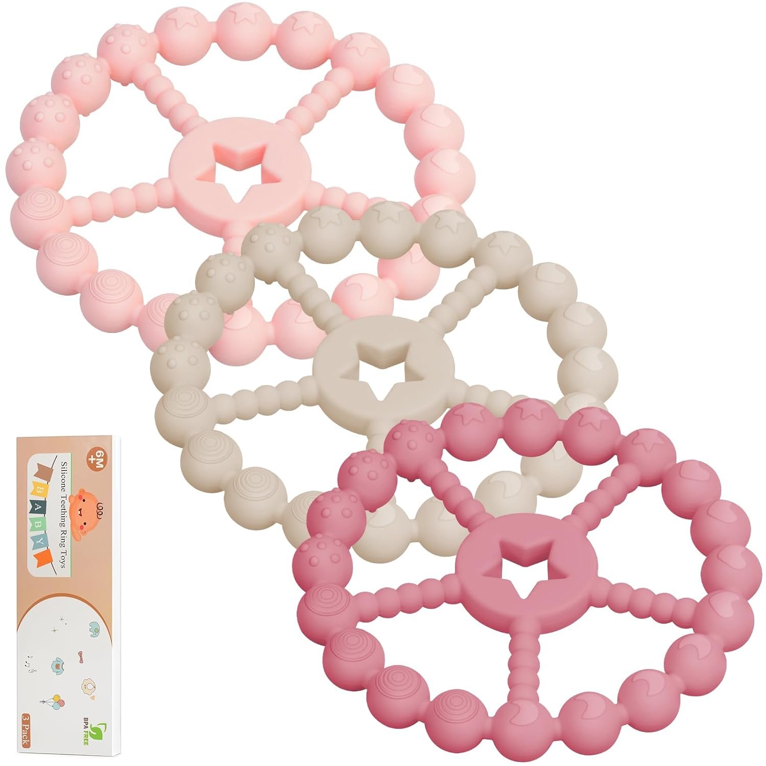 Baby Teething Toys 3-12 Months – Loviomad 3 Pack Ring Teether Baby Toys, Newborn Infant Essentials, Food Grade Silicone Teething Toys for Babies 6-12 Months, Shower Gifts Teething Relief (Girl/Boy)