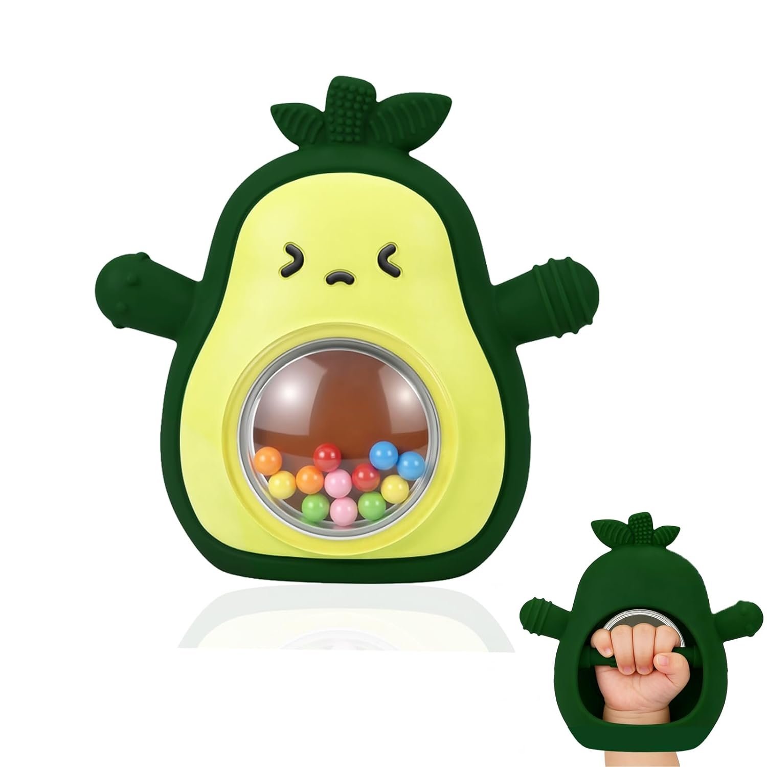 HAILI XMGQ Baby Teething Toys for 3-6 6-12 Months, Avocado Teething Mitten with Rattle, Food Grade Silicone Wrist Hand Teether for Teething Relief Newborn Chew Toys