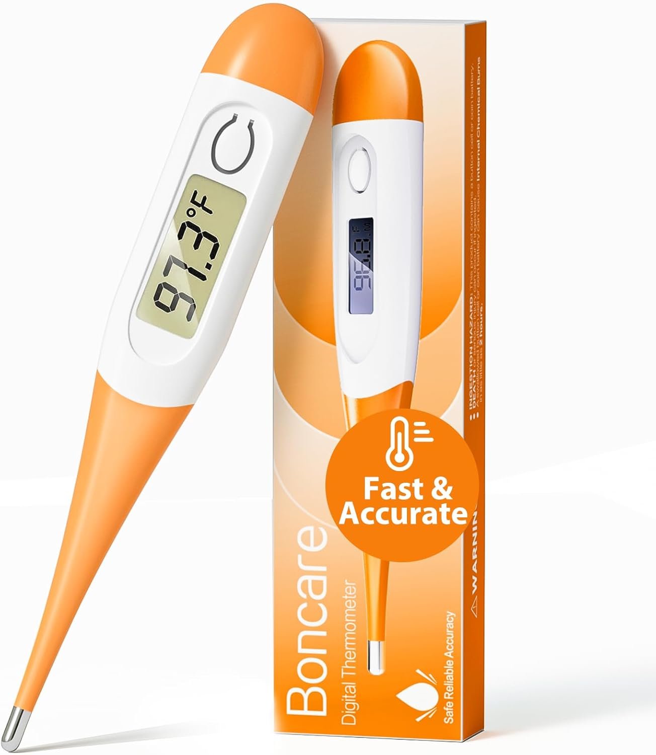 Boncare 10 Seconds Digital Thermometer for Adults and Kids – Accurate & Safe Rectal Thermometer for Baby with Fever Alarm, Oral Thermometer (Orange)