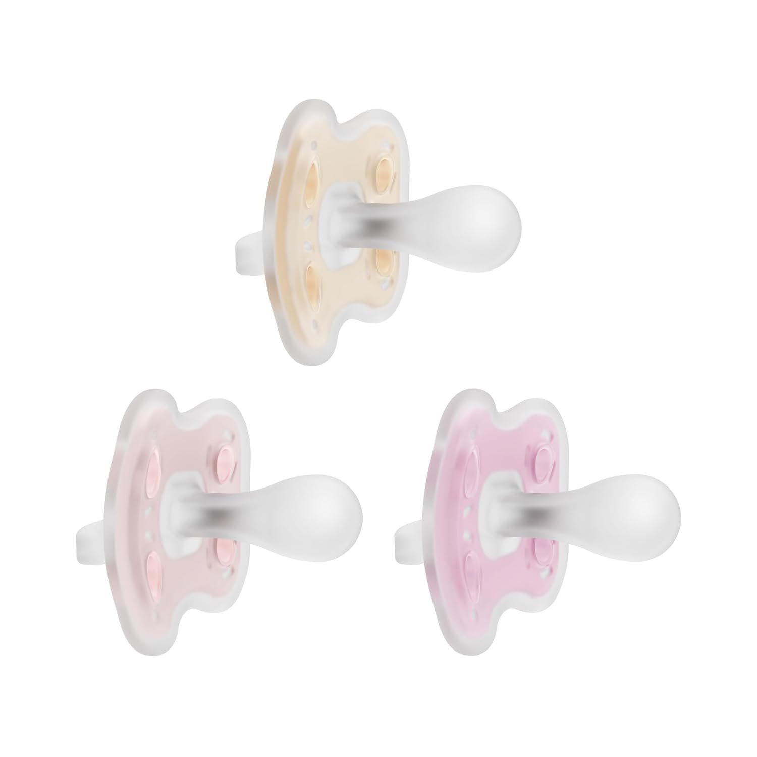 Dr. Brown’s Advantage One-Piece Silicone Baby Pacifier, Fully Symmetrical Soother, Ecru/Light Pink/Pink, 0-6m, BPA-Free, 3-Pack