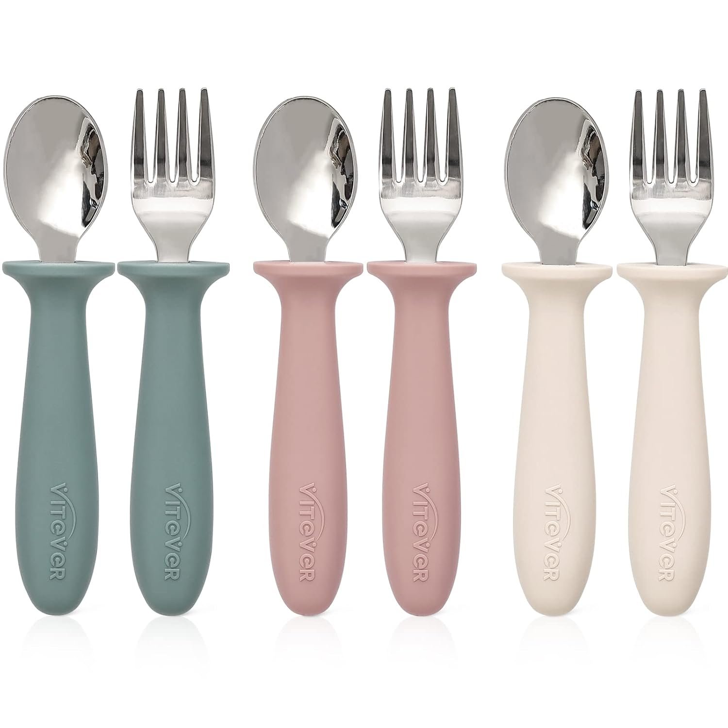 VITEVER 6 Pieces Toddler Utensils, Kids Silverware Set with Silicone Handle, Children Safe Spoons and Forks, 18/8 Stainless Steel, Food-grade Silicone – Dishwasher Safe