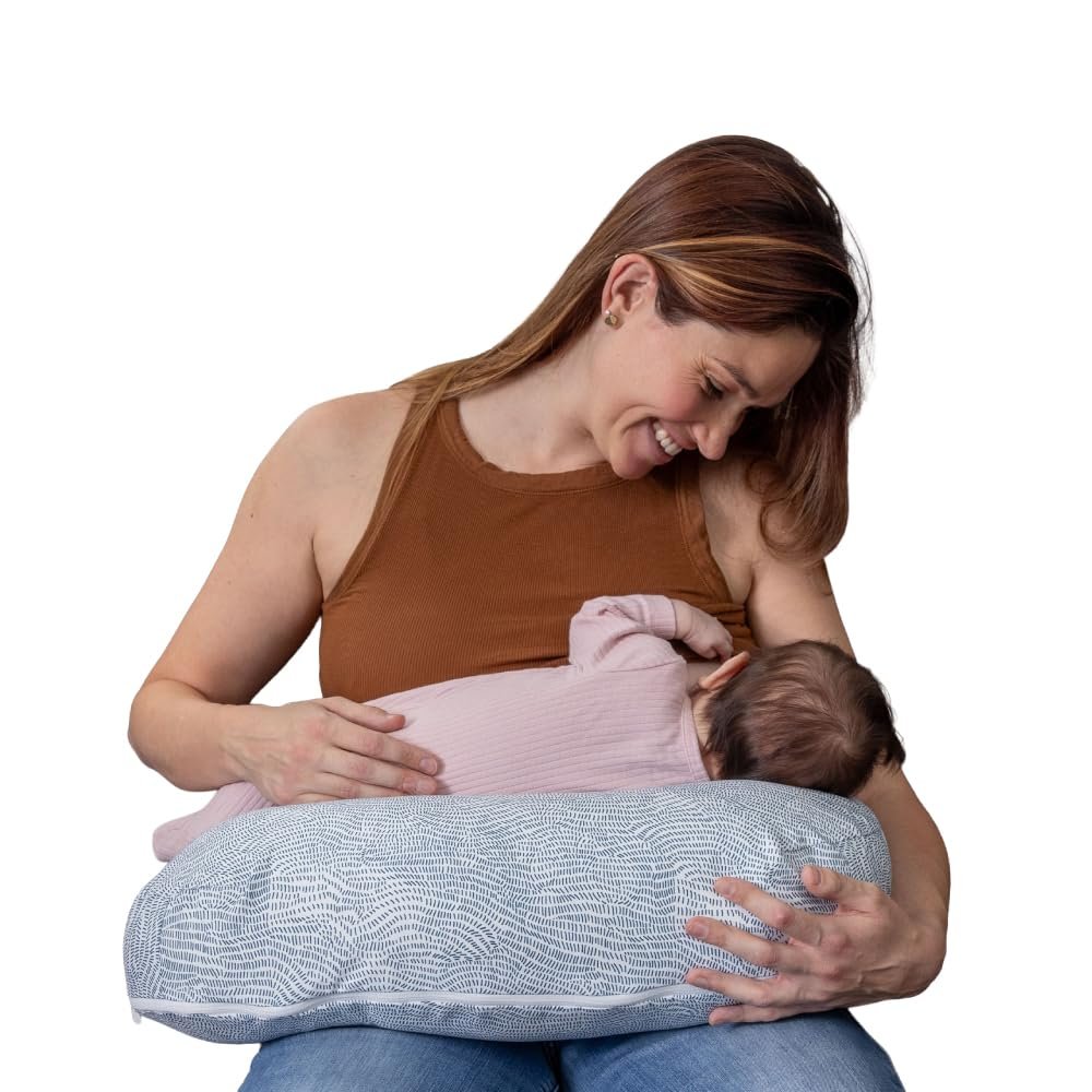 Boppy Nursing Pillow – Ergonomic Bottle & Breastfeeding Pillow with High, Firm, Large Area, Water-Repellent Cushion with Washable Cover; Baby Safety Alliance Verified – Blue Speckled Current