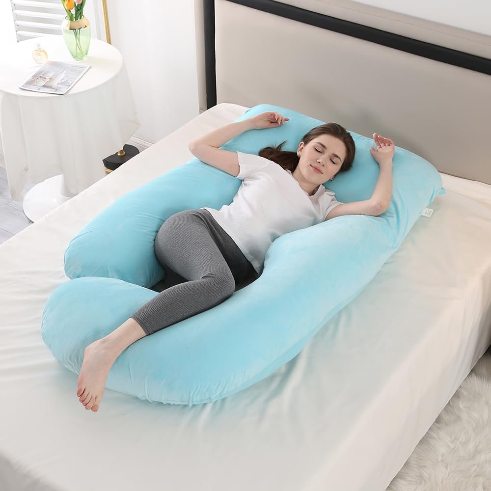 Pregnancy Pillow,U Shaped Cooling Pregnancy Pillows, 68.9Inch Full Body Pillows for Adults, Maternity Pillow and Pregnancy Must Haves with Removable Cover (Light Blue-Velvet)