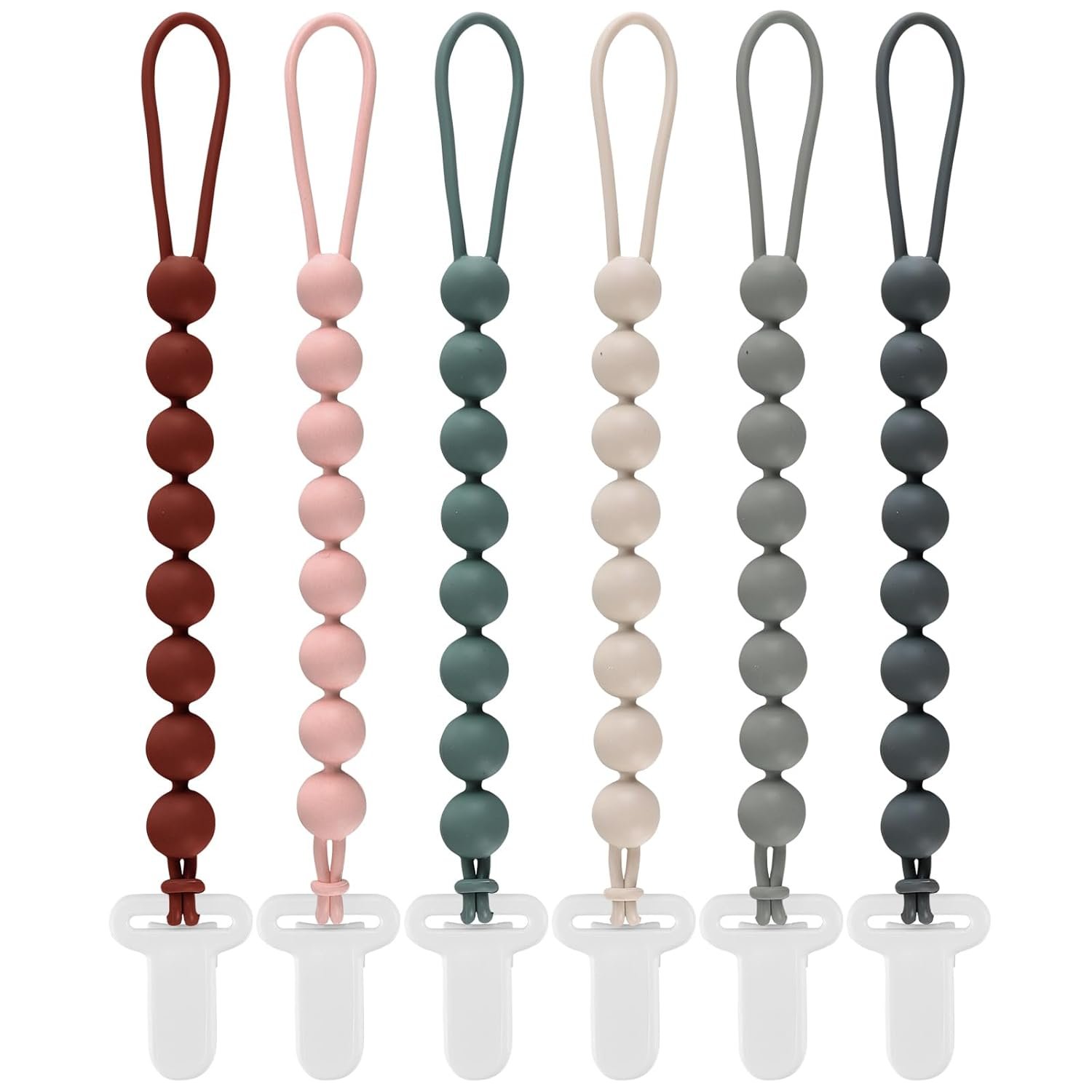 6-Pack Silicone Pacifier Clips for Babies, Safe Teething Beads, Rust-Free Holders, Baby Boy and Girl Essentials, Newborn Must-Have Accessories, BPA-Free