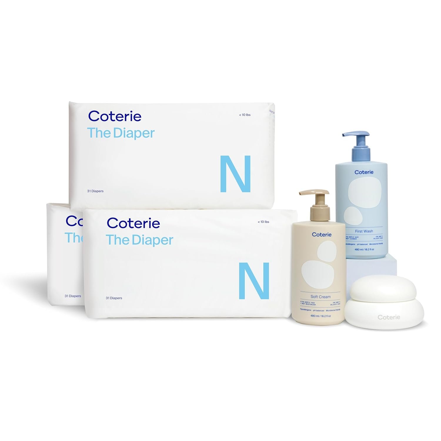 Coterie Skincare Essentials Set | Newborn Diapers (93 Count) + 16.2 oz Shampoo & Body Wash, 16.2 oz. Face & Body Lotion, 4.7 oz Diaper & Dry Skin Balm | Hypoallergenic, Safe for Sensitive Skin