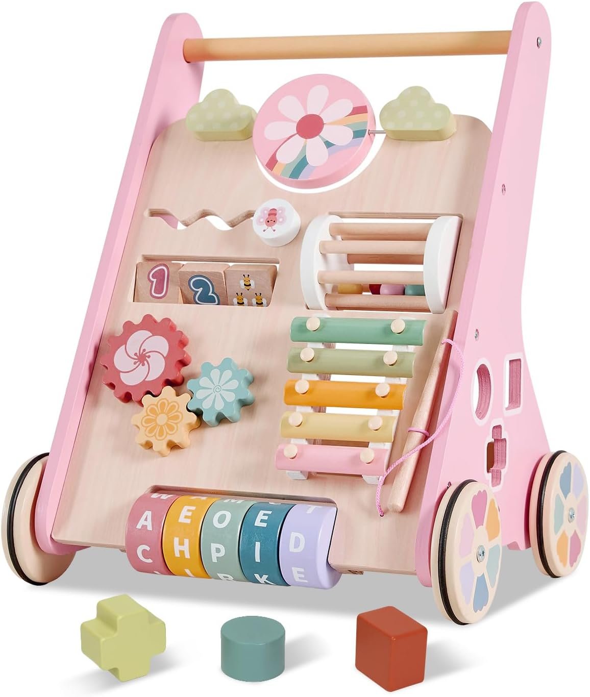 Wooden Baby Walker with Wheels, Adjustable Speed Baby Push Walker, Montessori Walking Toys for Girls Boys, Push and Pull Learning with Baby Activity Center, Christmas Birthday Gifts for Toddler