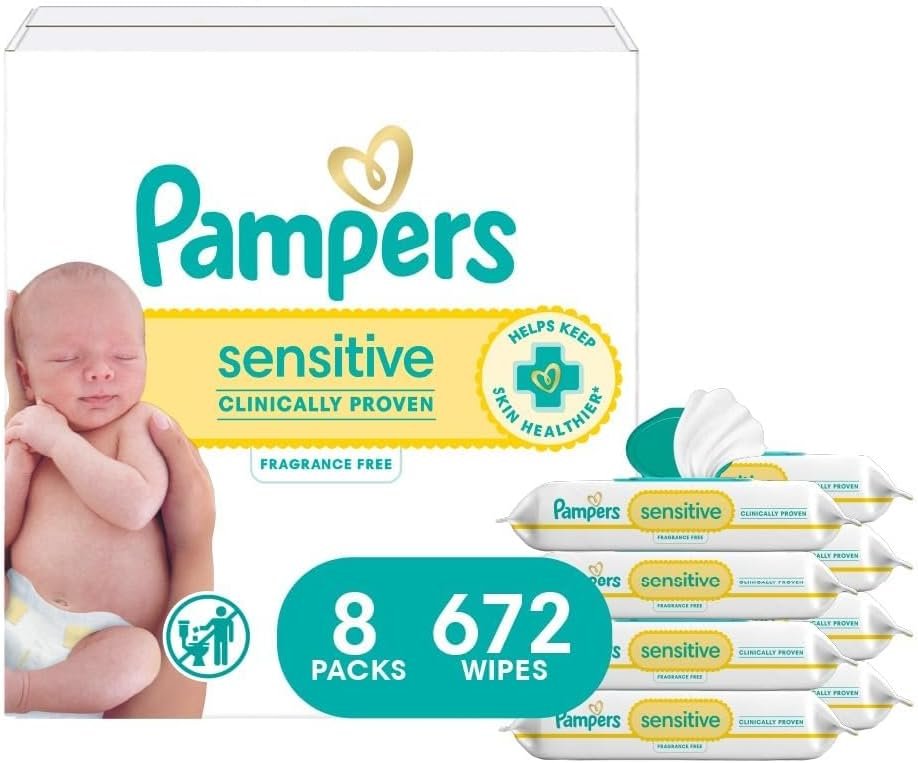 Pampers Sensitive Baby Wipes, Clinically Proven, Fragrance Free, Unscented, Water Based, Hypoallergenic, Multi-Use, Hand Wipes 672 Wipes Total (12X Flip-Top Packs) [Packaging May Vary]
