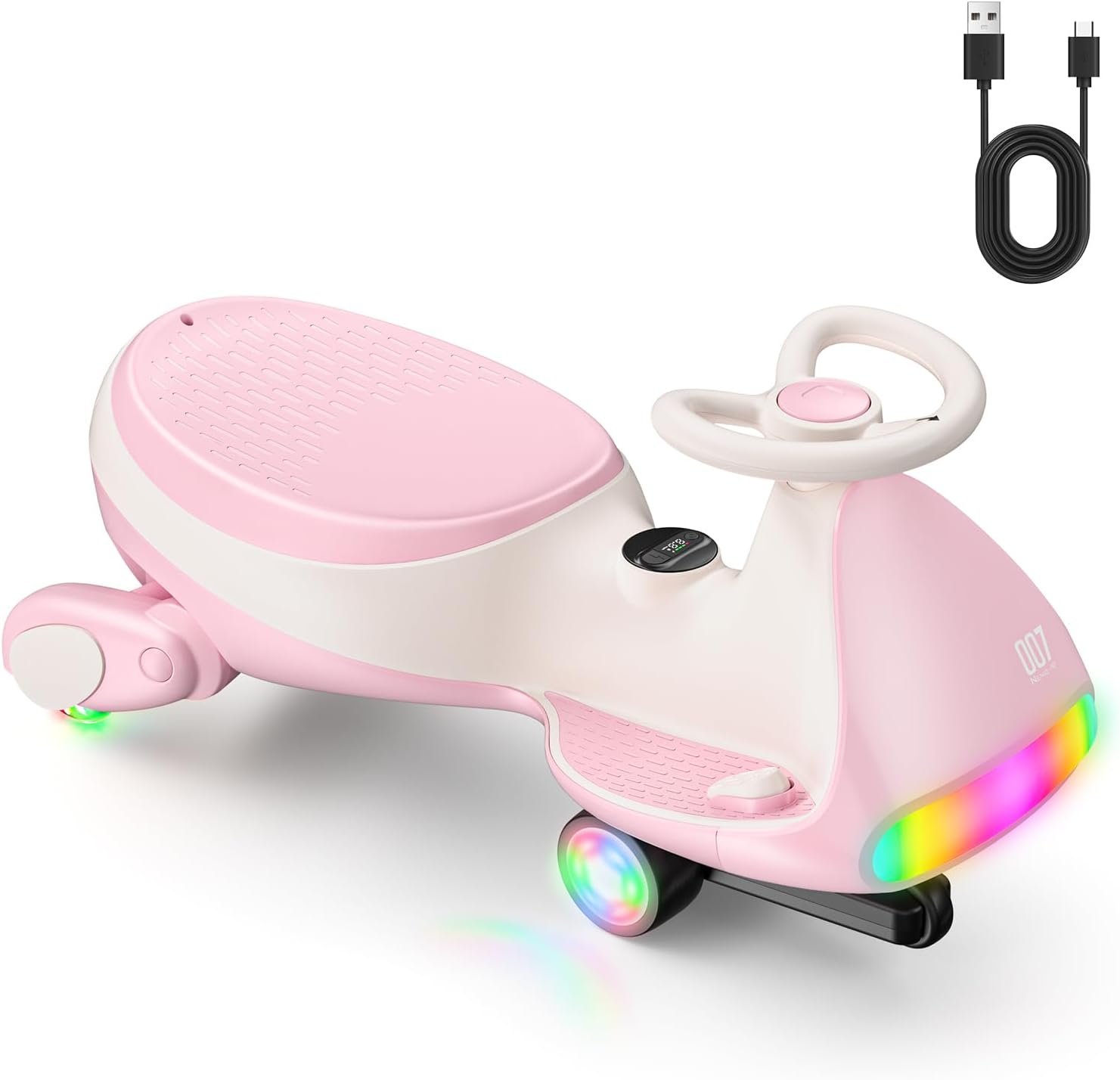 FanttikRide N7 Ultra Electric Wiggle Car, Ultra-Quiet Motor, Type-C Rechargeable, 2 Speeds up to 4 MPH, 9 Color LED Lights, Digital Display, Ride On Toy for Kids, Ages 3+, Pinkish White