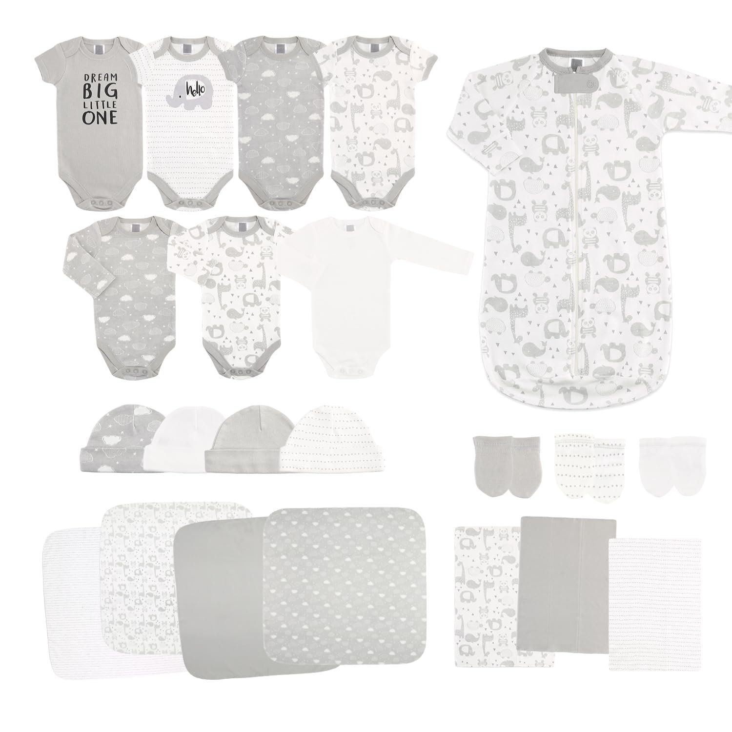 The Peanutshell Baby Layette Gift Set for Baby Boys or Girls – 23 Piece New Born Unisex Gift Set, Clothes & Newborn Essentials Must Haves – Clothes 0-3 Months – Soft Grey
