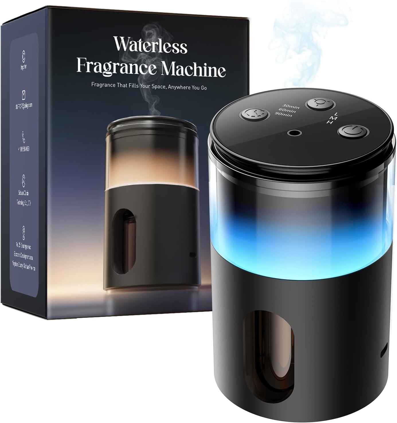 Waterless Essential Oil Diffuser: 9 Colors LED Scent Diffuser for Home&Car&Office – Portable Diffuser with 48H Battery, 4 Timers & 3 Mist Levels, Charcoal Black