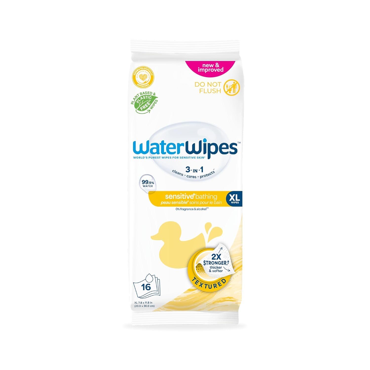WaterWipes Sensitive+ Bathing Wipes, 3-In-1 Cleans, Cares, Protects, 99.9% Water, Unscented & Hypoallergenic, 16 Count (1 Pack)