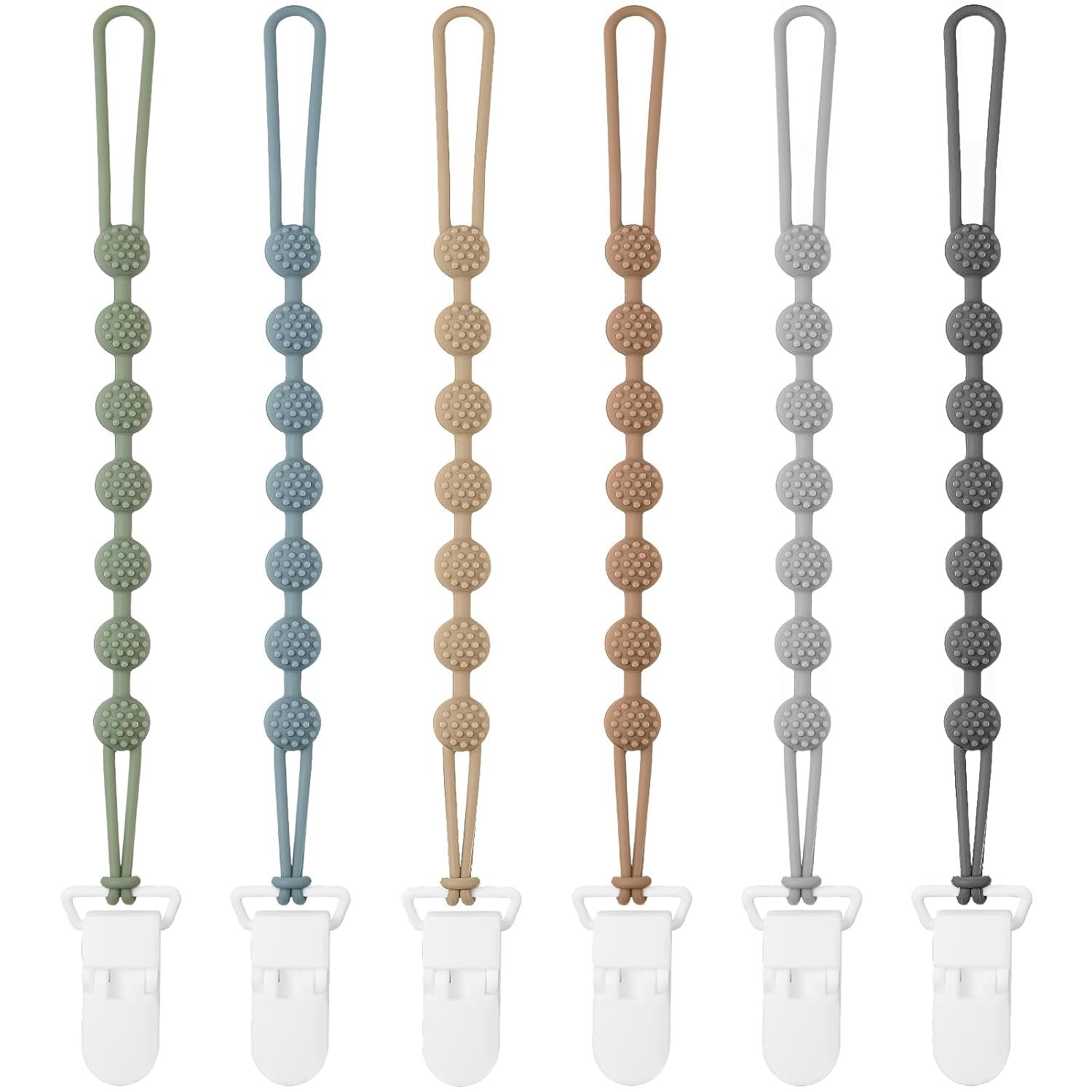 Eascrozn 6 Pack Silicone Pacifier Clip with One-Piece Design for Baby Boys and Girls, BPA Free Soft Flexible Binky Clips with Texture for Baby Essentials