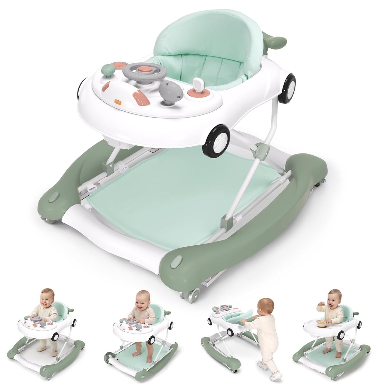 5-in-1 Convertible Baby Walker with Steering Wheel Music Activity Center – Infant Rocker, Jumper, Push Walker, Bouncer & Feeding Foldable Walker for Ages 6-18 Months Boys Girls (Mint)