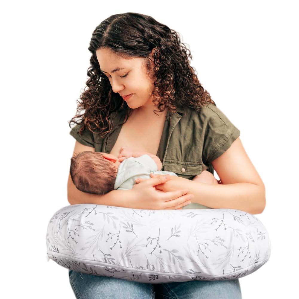 Boppy Nursing Pillow – Firm, Ergonomic U-Shaped Bottle and Breastfeeding Pillow with High Lift for Comfort and Support, Spacious Surface – Gray Gentle Leaves