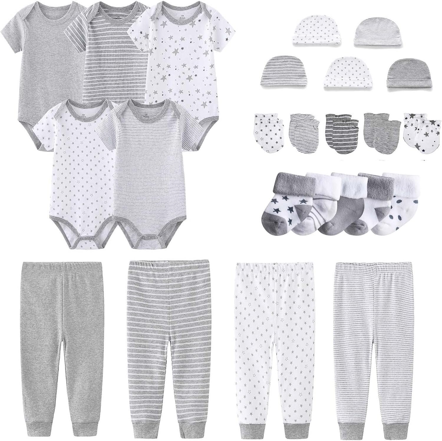 MAMIMAKA Newborn Layette Gift Set Bodysuits Pants for Baby Girl and Boy 24 Piece 100% Cotton Essentials and Accessories