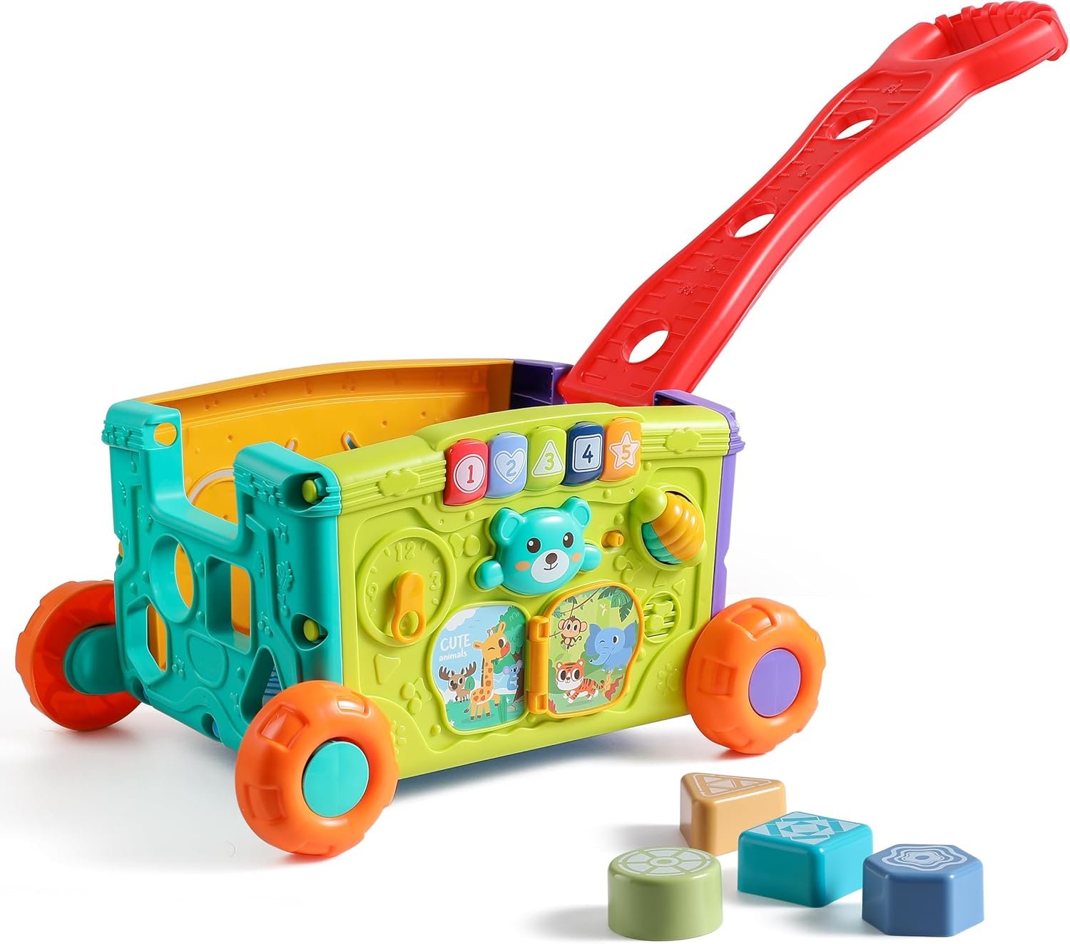 Baby Walker Musical Push Toy for Toddlers 18+ Months – Educational Activity Wagon with Building Blocks, Learning Walking Assistant with Adjustable Handle for Baby Boys & Girls