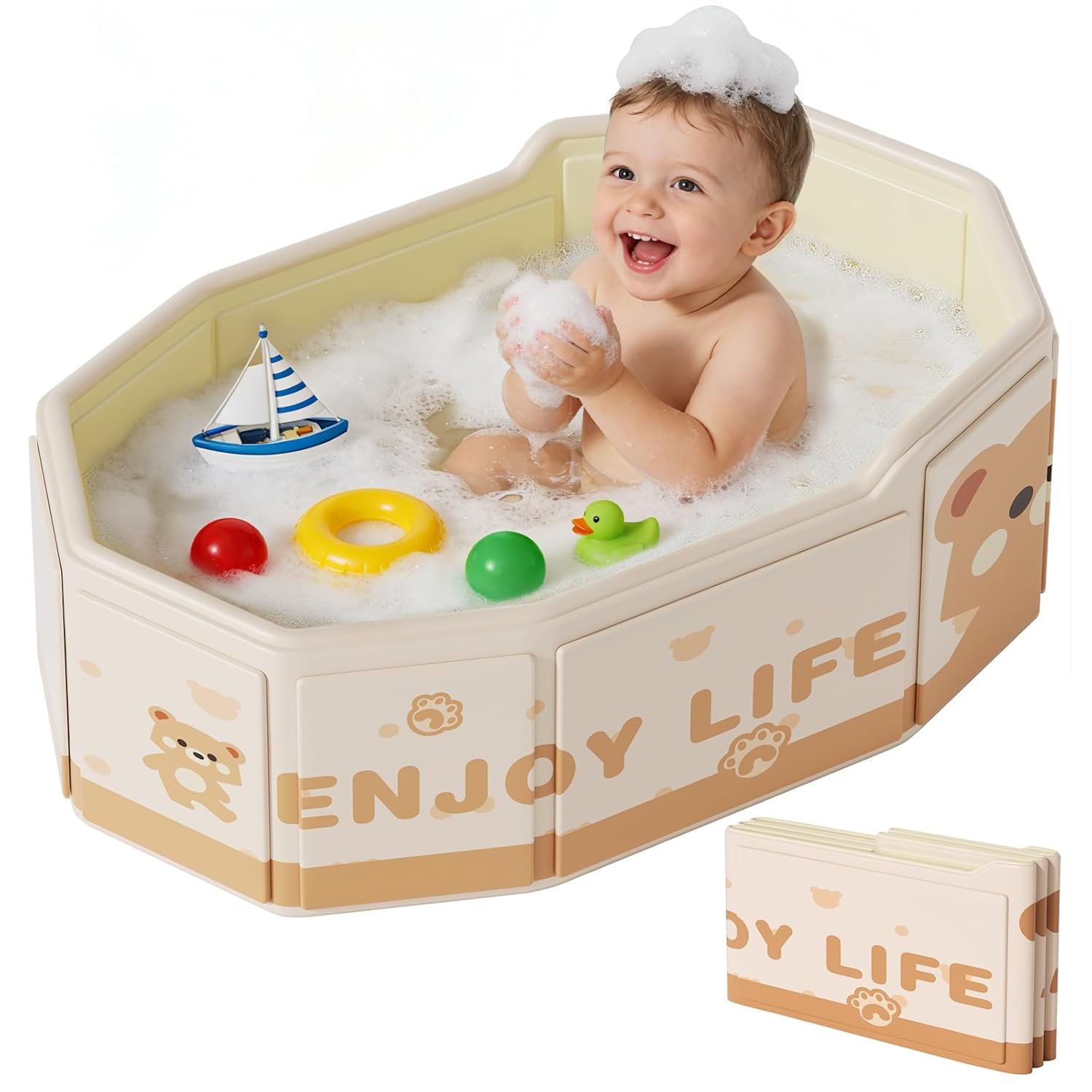 Foldable Baby Bath, Collapsible Baby Bathtub 3M-8Y, Portable Travel Baby Bath Tub with Non-Slip Base, Pop Up Folding Newborn Toddler Shower Tub, Space Saving, Brown