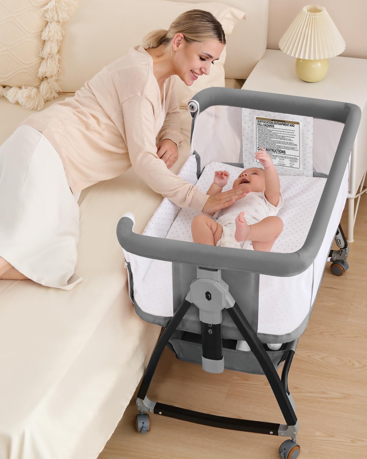 wayfong Baby Bassinet, Bassinet Bedside Sleeper with Wheels, Breathable Mesh Bedside Bassinet for Baby, Mosquito Net, Storage Basket, 6 Height Adjustable, Easy to Assemble | Breathable Mesh, Mosquito Net, Large Storage Basket, 6 Height Adjustable, Easy to Assemble, Multi-functional
