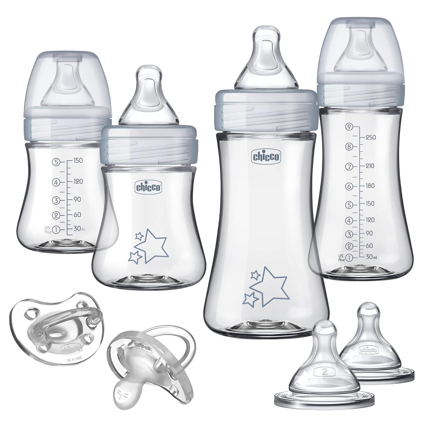 Chicco Duo Hybrid Baby Bottle Newborn Starter Giftset, Real Glass Inside, Lightweight Plastic Outside, Patented Invinci-Glass Technology, Intui-Latch Nipple, Clear/Grey