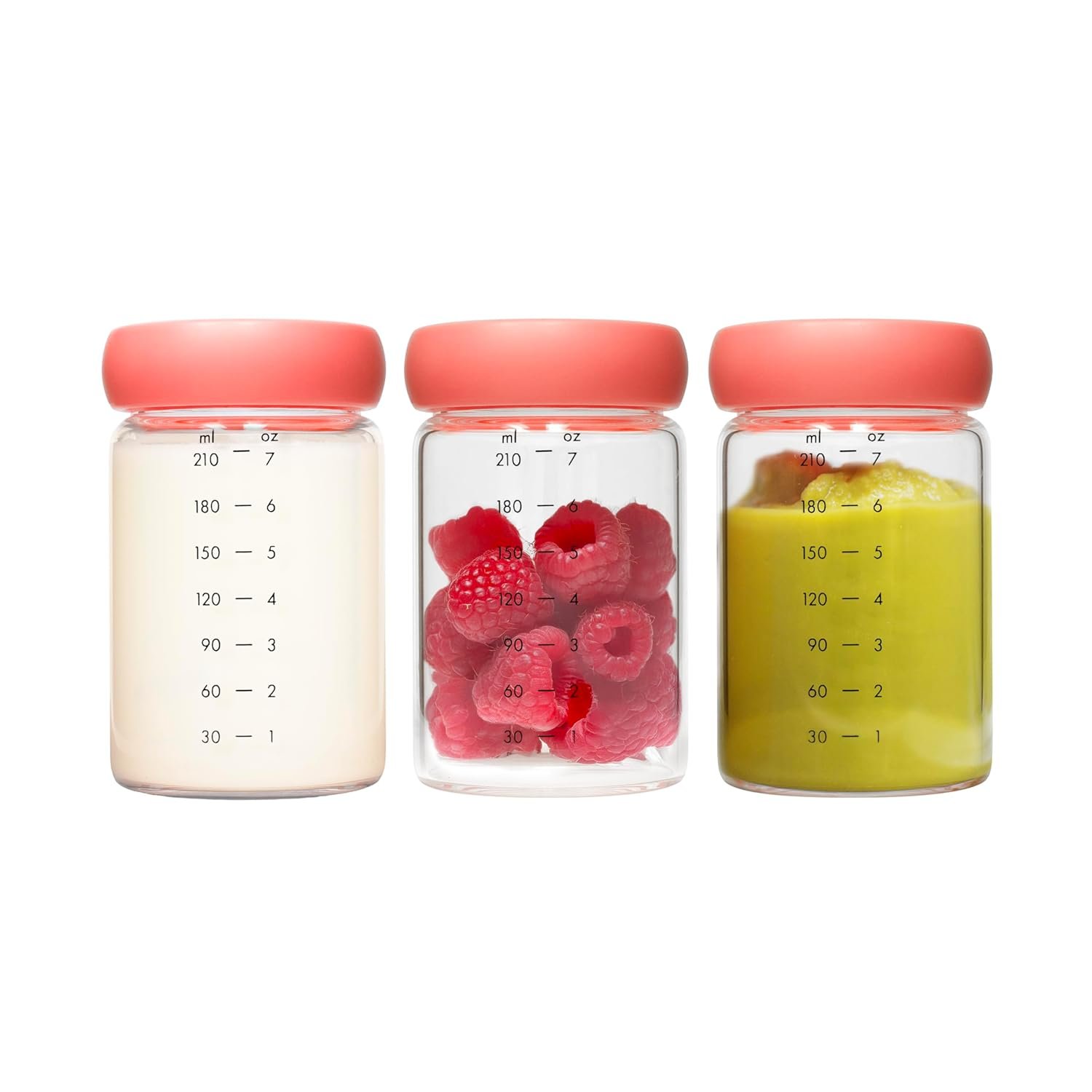 Boon Cache Glass Breastmilk Storage Bottles with Lids – Leakproof Containers for Breastmilk, Baby Food, Formula, and Snacks – Freezer and Dishwasher Safe – 7 Oz – 3 Count