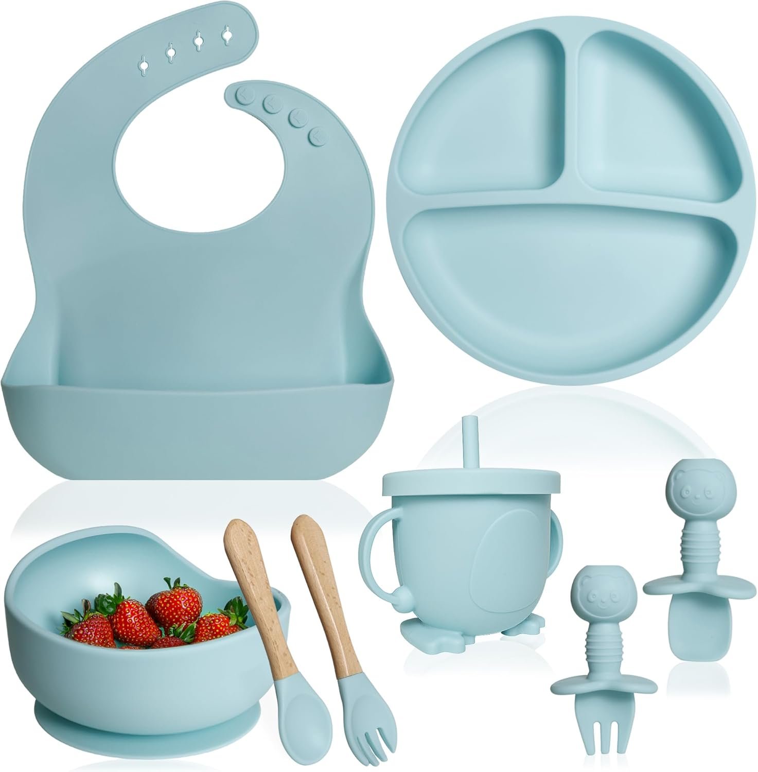 Bluet B- Silicone Baby Feeding Set – Baby Led Weaning Supplies – Baby Spoons, Suction Bowl – Plate – Baby Utensils Set – Silicone Feeding Set for Baby First Foods, Infant Eating – 8pcs – Light Blue