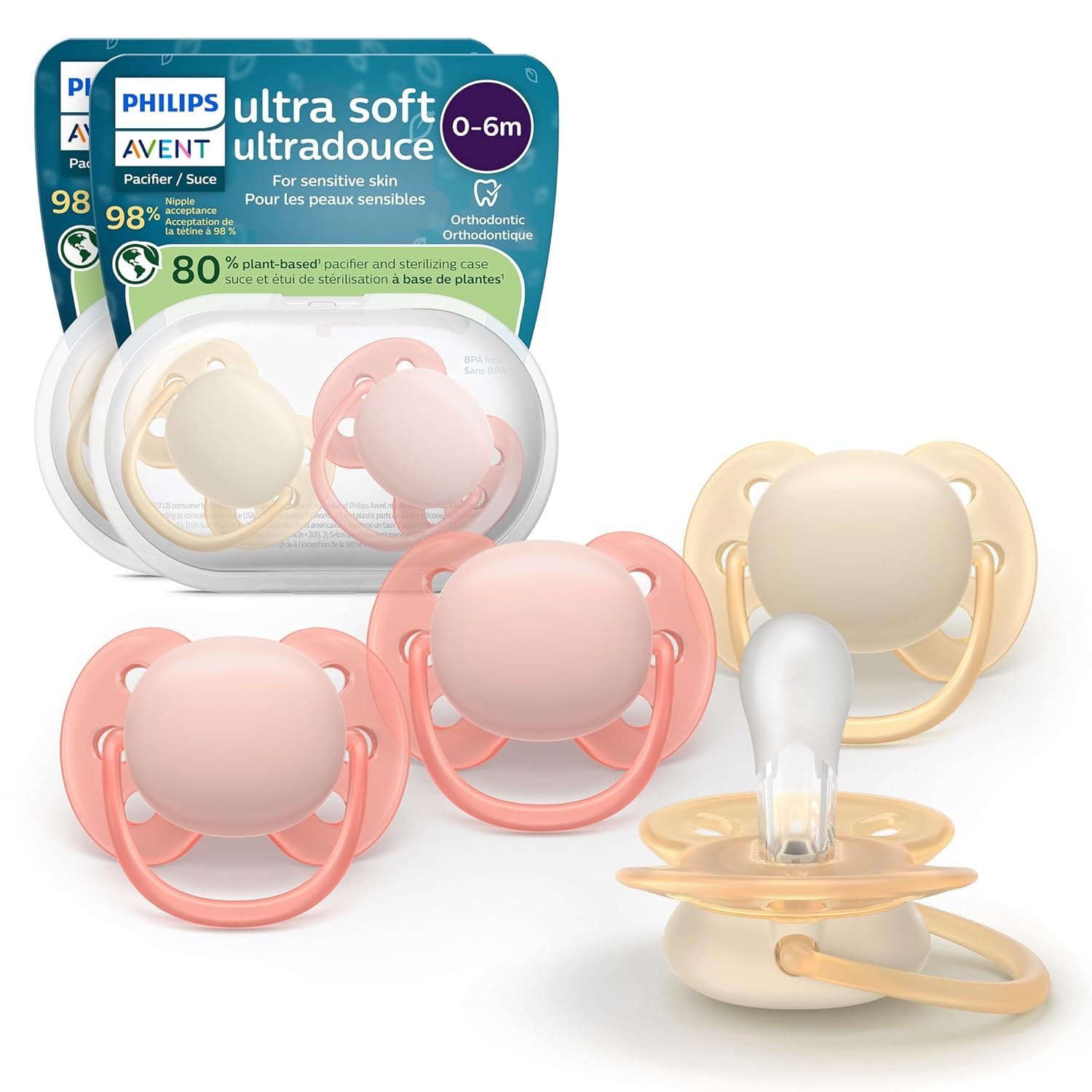 Philips Avent Ultra Soft Pacifiers – Orthodontic Design, for Babies 0-6 Months, Flexible Shield, Silicone Symmetrical Nipple, BPA-Free, 2 Sterilizing Cases, 4 Pack, SCF091/47