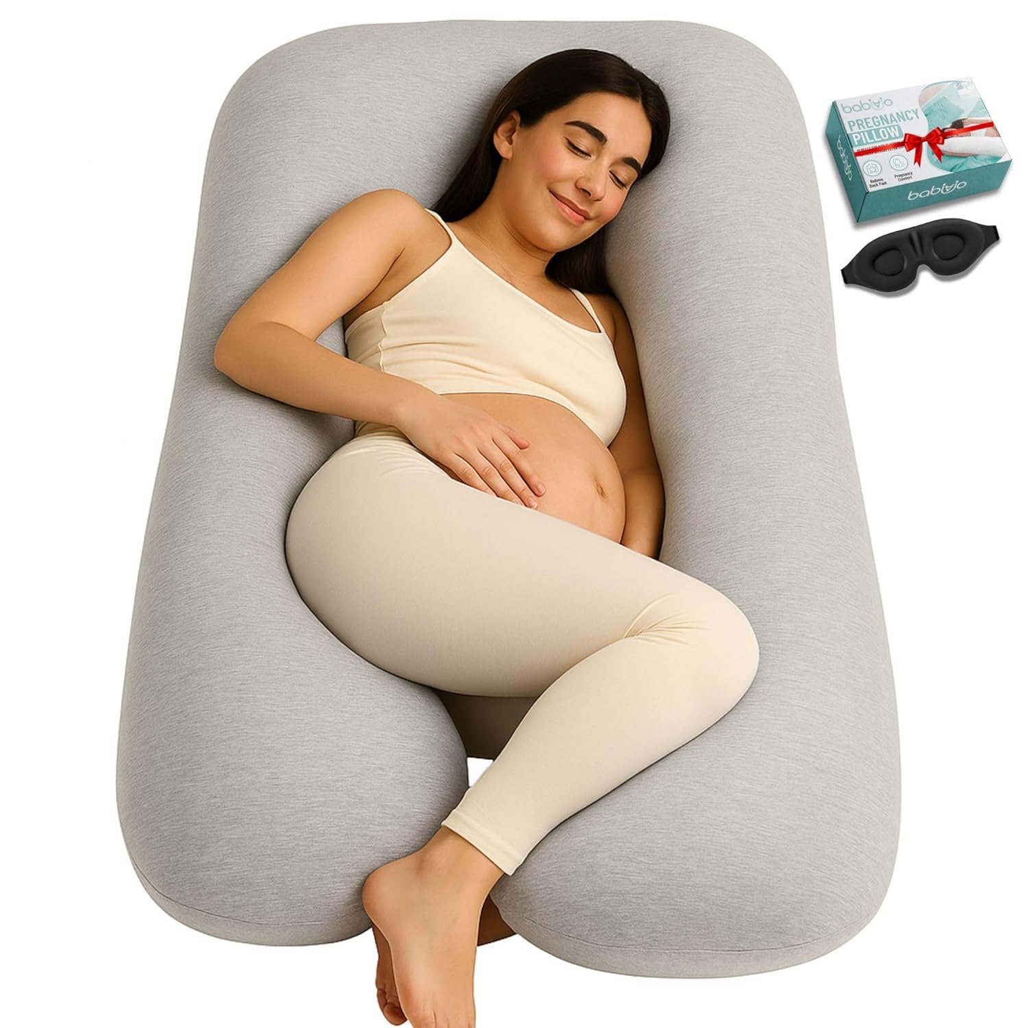 U-Shaped Pregnancy Pillow – 100% Cotton Cover, Full Body Maternity Support for Belly, Back and Legs – Bonus Eye Mask and Gift Box (Light Grey)
