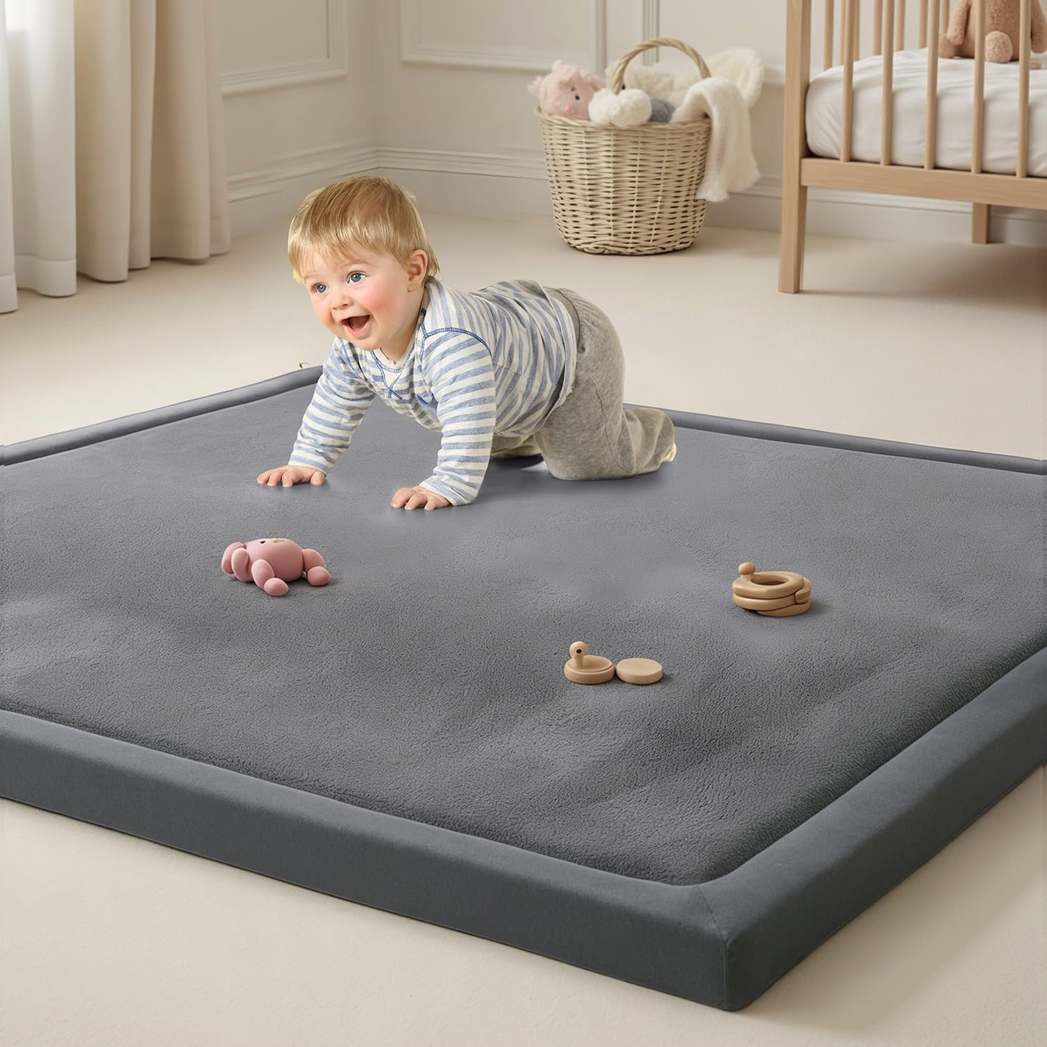 Baby Play Mat for Floor 59″x71″ Playpen Mat 1.3″ Thick Elasti-Foam Padded Cushioning Non-Slip Playroom Tatami-Style Nursery Mat for Tummy Time & Crawling for Babies Toddlers Infants