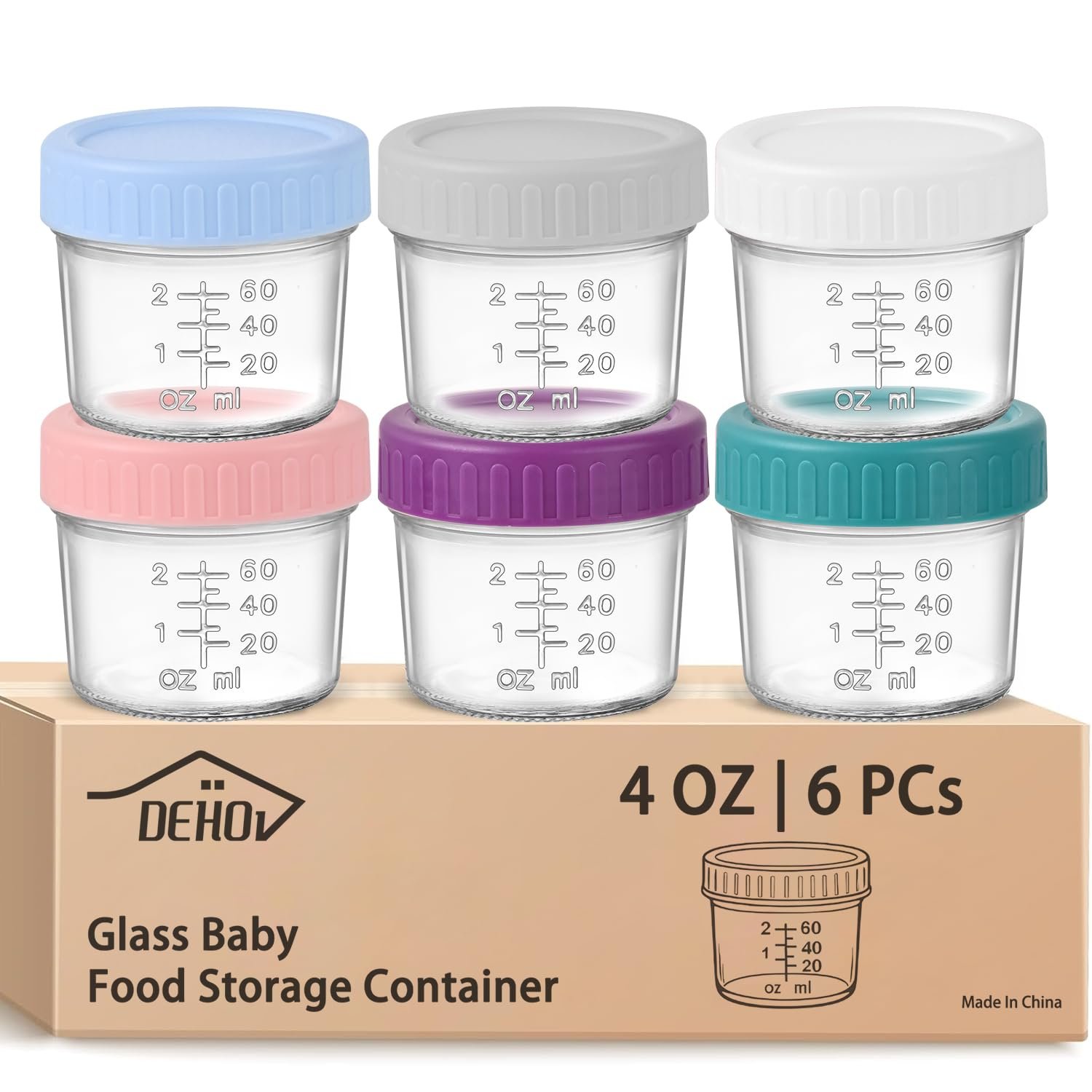 DEHOV 6-Piece Glass Baby Food Containers with Lids,4 OZ Small Glass Freezer Safe Baby Food Storage Jars,Leak Proof Baby Food Grade Puree Containers