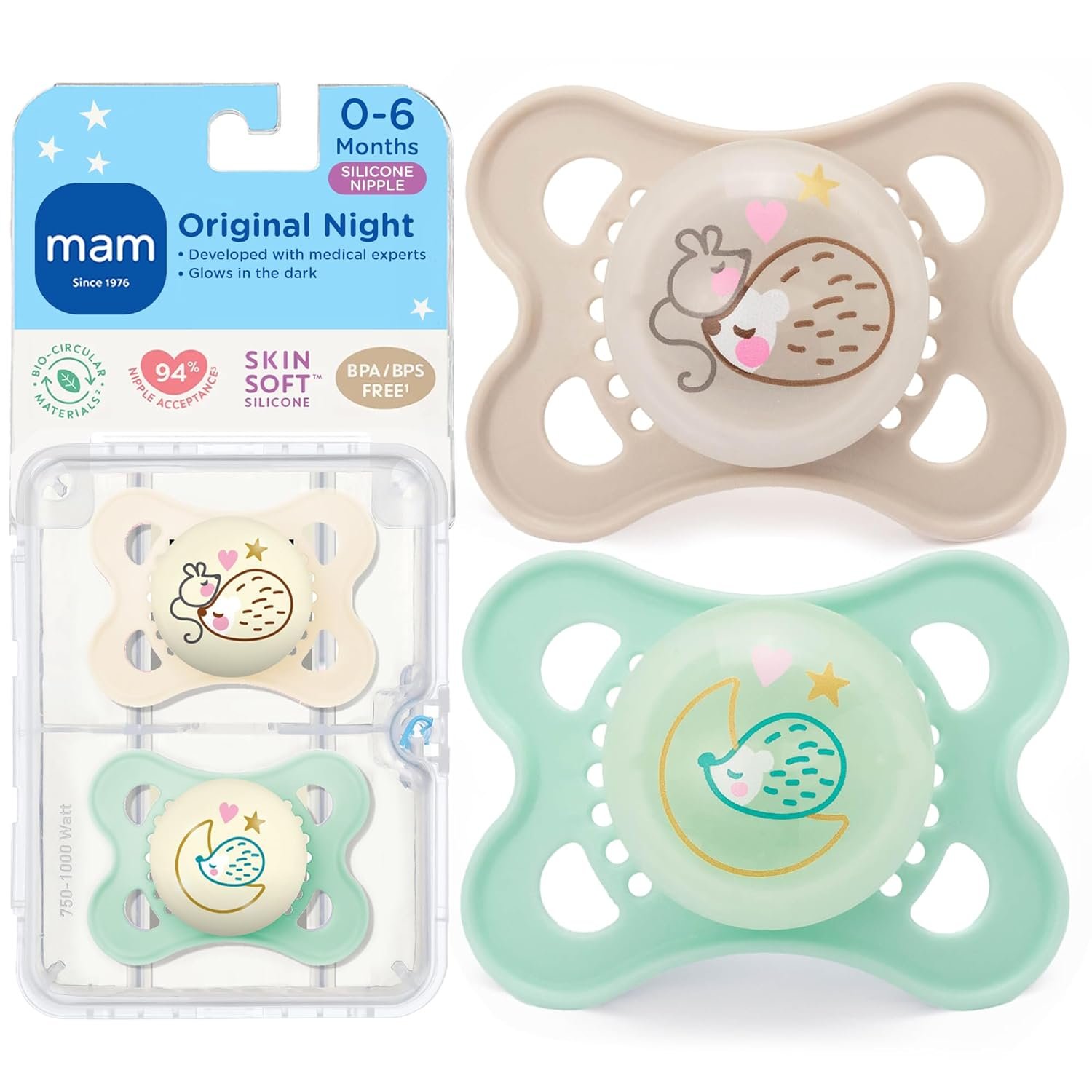 MAM Original Baby Pacifiers 0-6 Months, Binky for Newborn Babies, BPA-Free Skin Soft Silicone Nipple, Glows in The Dark, Developed with Medical Experts, 2 Count, Sterilizer Case, Made in Europe