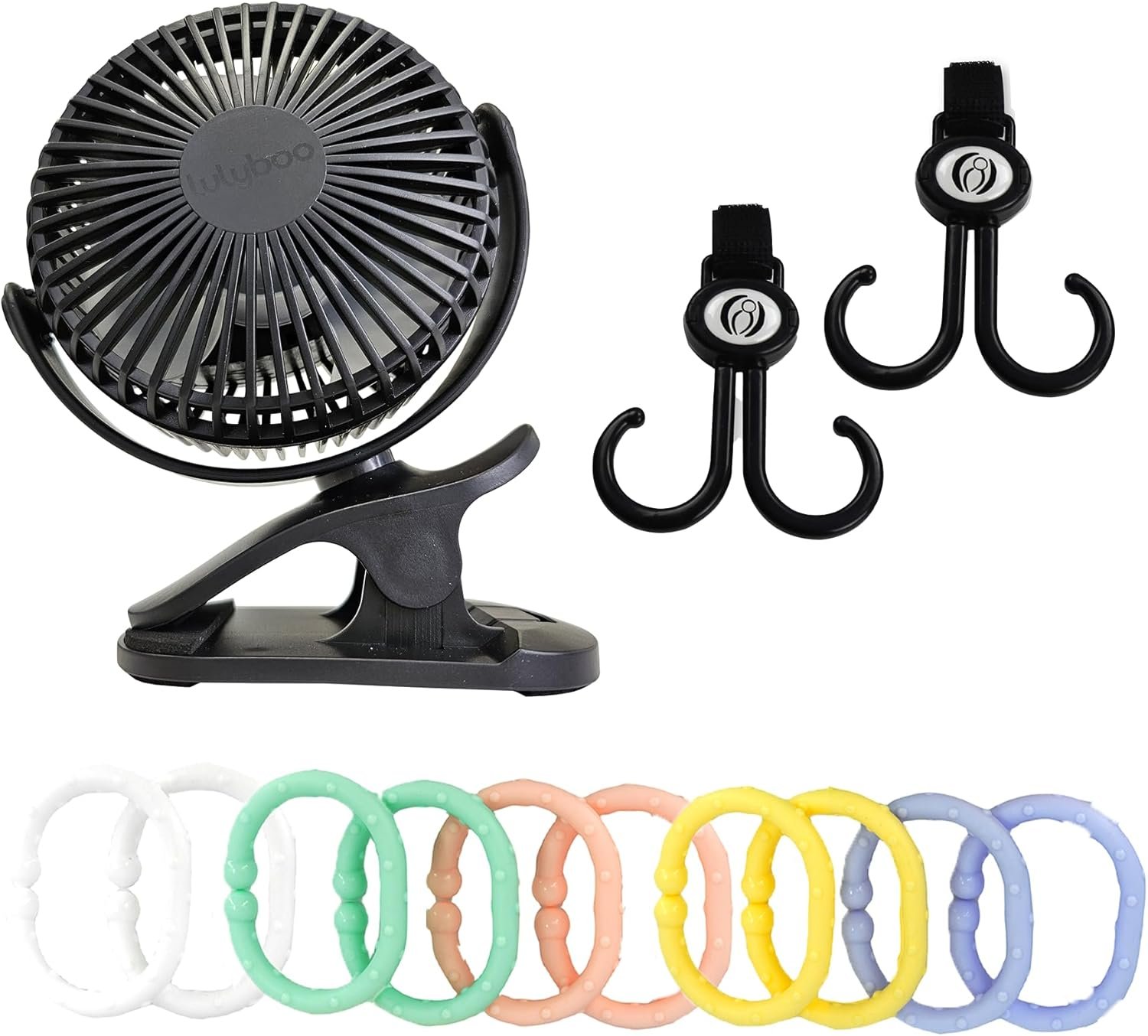 Lulyboo Travel Essentials Gift Set with Clip-On Fan, 2 Stroller Hooks & 10 Linkables – Baby Travel Must-Have for On-the-Go Comfort, Clutter-Free Outings & Interactive Play