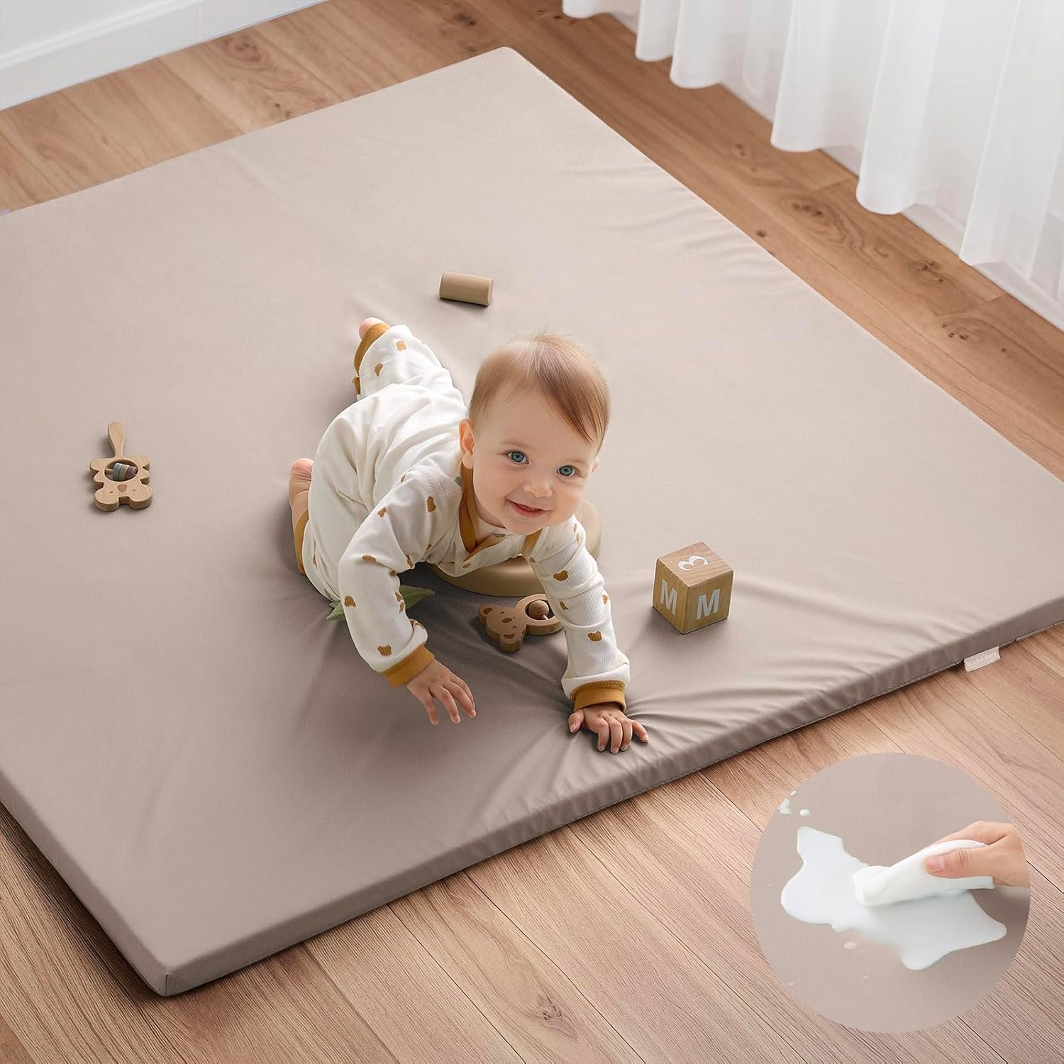 Blissful Diary Vegan Leather Baby Play Mat, 50×50 Thicken Foam Cushioned & Waterproof Playpen Mat for Infants and Toddlers, Stylish and Just Wipe-Clean Playmat for Baby Play on Floor, Taupe