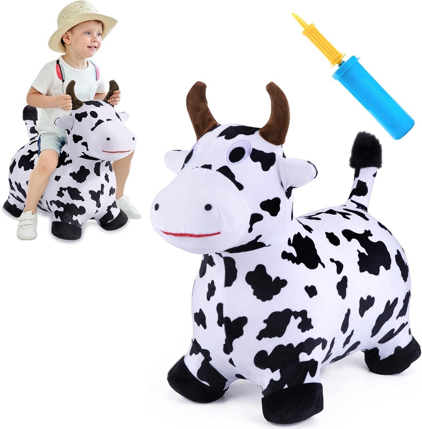iPlay, iLearn Bouncy Pals Hopping Cow Horse, Toddler Girl Boy Inflatable Bouncing Animal Hopper Toy, Outdoor Indoor Plush Ride on Bouncer, Baby Birthday Gift 18 Month 2 3 4 Year Old Kid – Cow