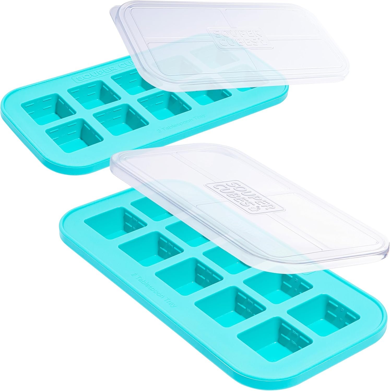 Souper Cubes 2 Tbsp. Silicone Freezer Molds – Perfect for Storing Garlic, Herbs, Ginger, Pesto, Tomato Paste, Lemon Juice, Purees and More – Aqua – 2-Pack