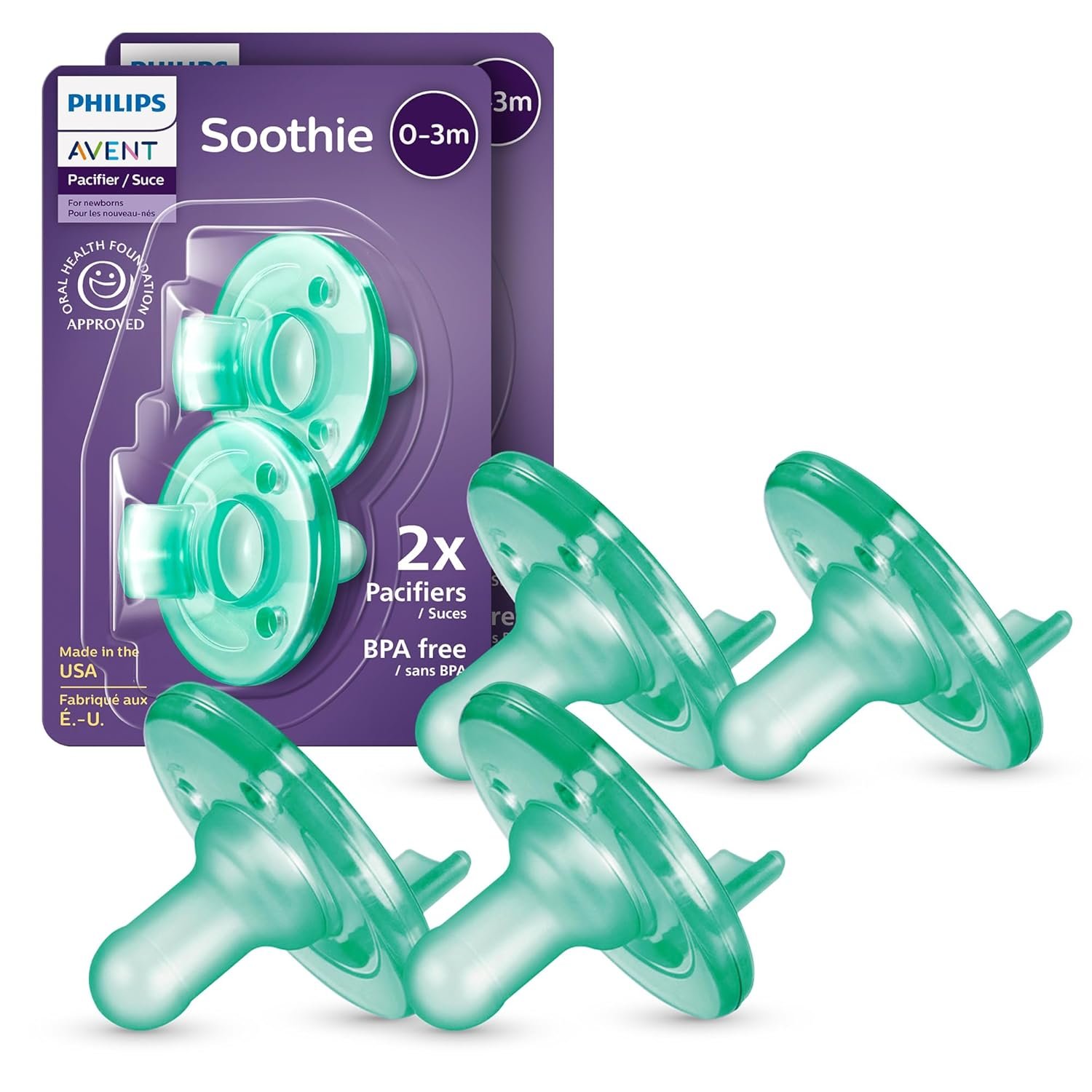 Philips Avent Soothie Baby Pacifiers – 100% Silicone Pacifiers for Babies 0-3 Months, One-Piece Design, BPA-Free, Extra Durable, Green, 4 Pack, Model SCF190/41
