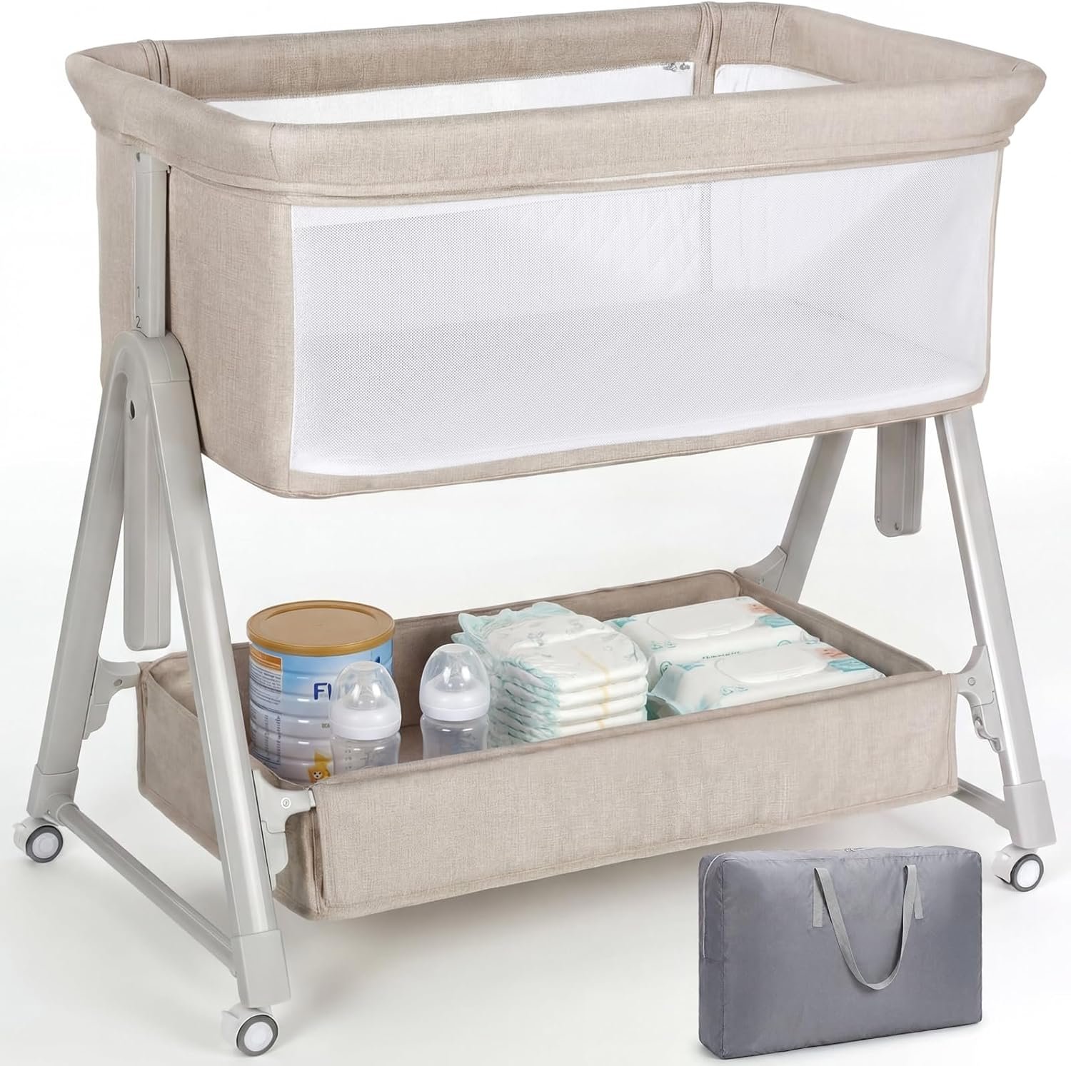 Cowiewie Bassinet Bedside Sleeper,3-in-1 Baby Bassinet with Mattress & Wheels,Easy Folding Portable Bedside Bassinet for Baby with Storage & Travel Bag,Breathable Mesh,Stable & Secure,Beige